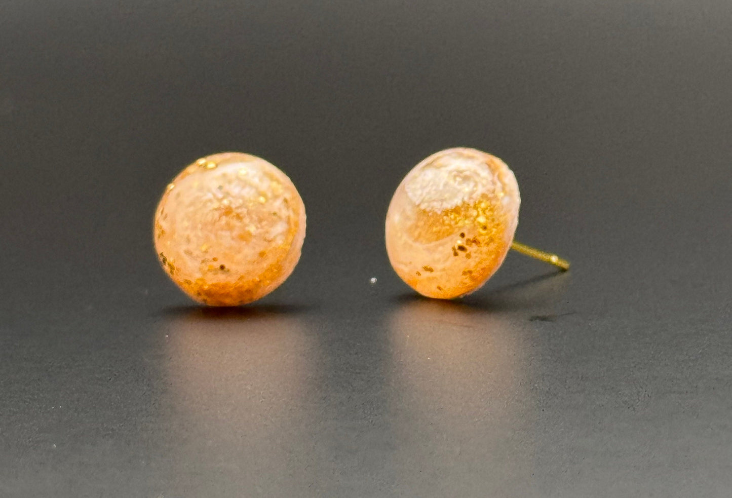 Small White with Metallic Gold Pigment & Glitter Half Sphere Stud Epoxy Resin Earrings with Gold Studs