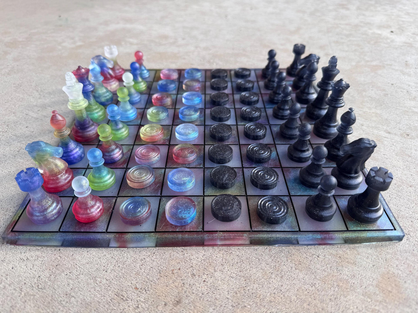 11 inch x 11 inch Gummy Jelly Candy Multichrome Colorful Epoxy Resin Chess/Checkers Board and Chess/Checkers Pieces