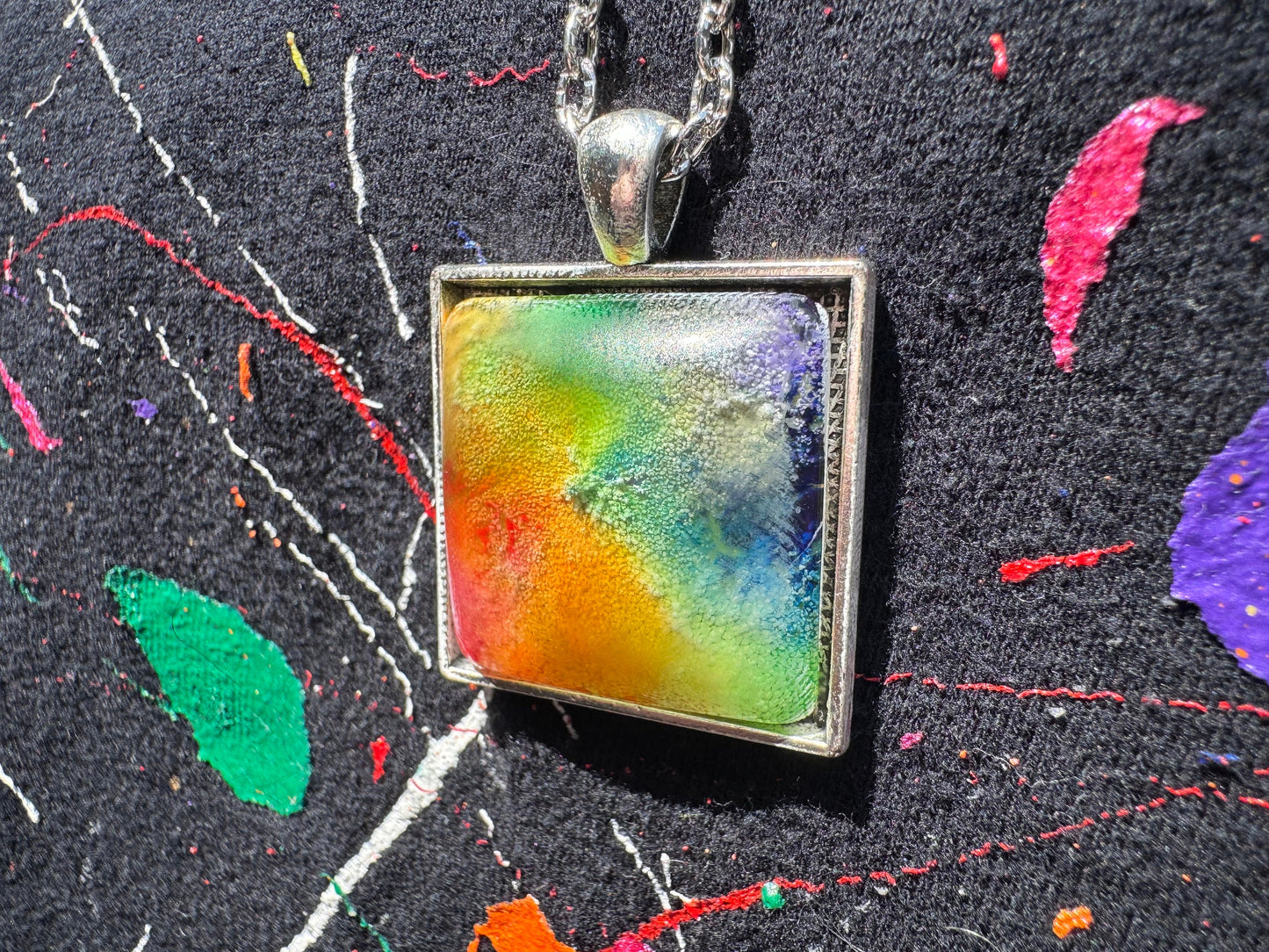 Square Rainbow Pride Petri Style Resin Pendant on Silver Bezel with Long Chain