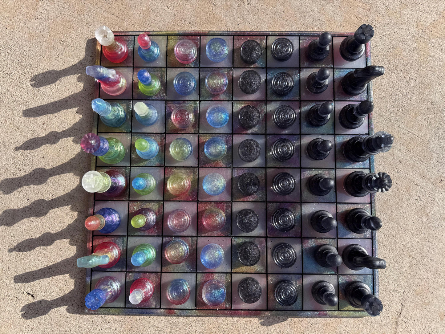 11 inch x 11 inch Gummy Jelly Candy Multichrome Colorful Epoxy Resin Chess/Checkers Board and Chess/Checkers Pieces