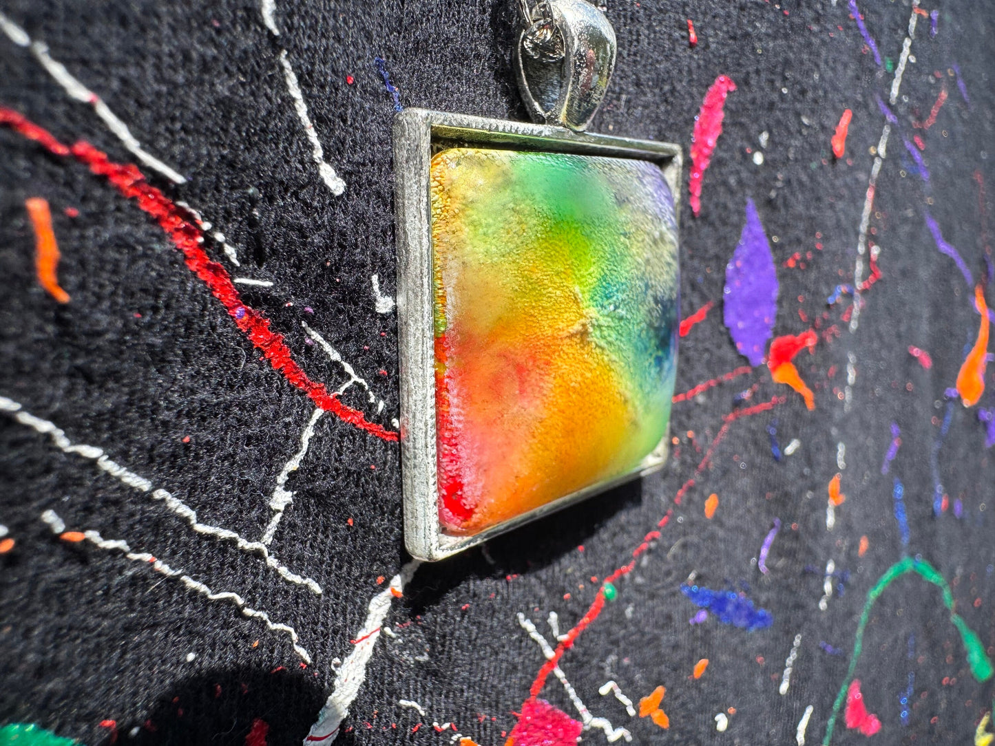 Square Rainbow Pride Petri Style Resin Pendant on Silver Bezel with Long Chain