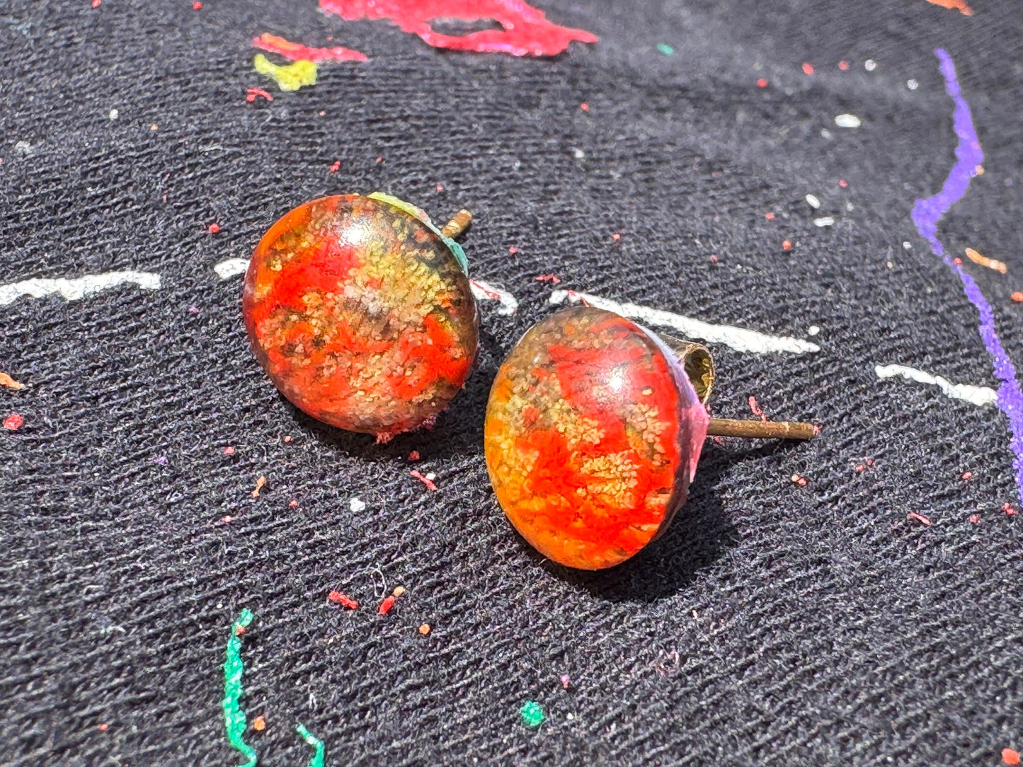 Mini 1 cm Red and Yellow Petri Style Half Sphere Stud Epoxy Resin Earrings with Gold Studs