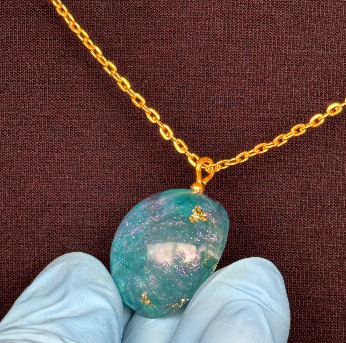 Blue Flower Purple Chameleon Flake and Gold Flake Half Sphere Pendant with Long Chain