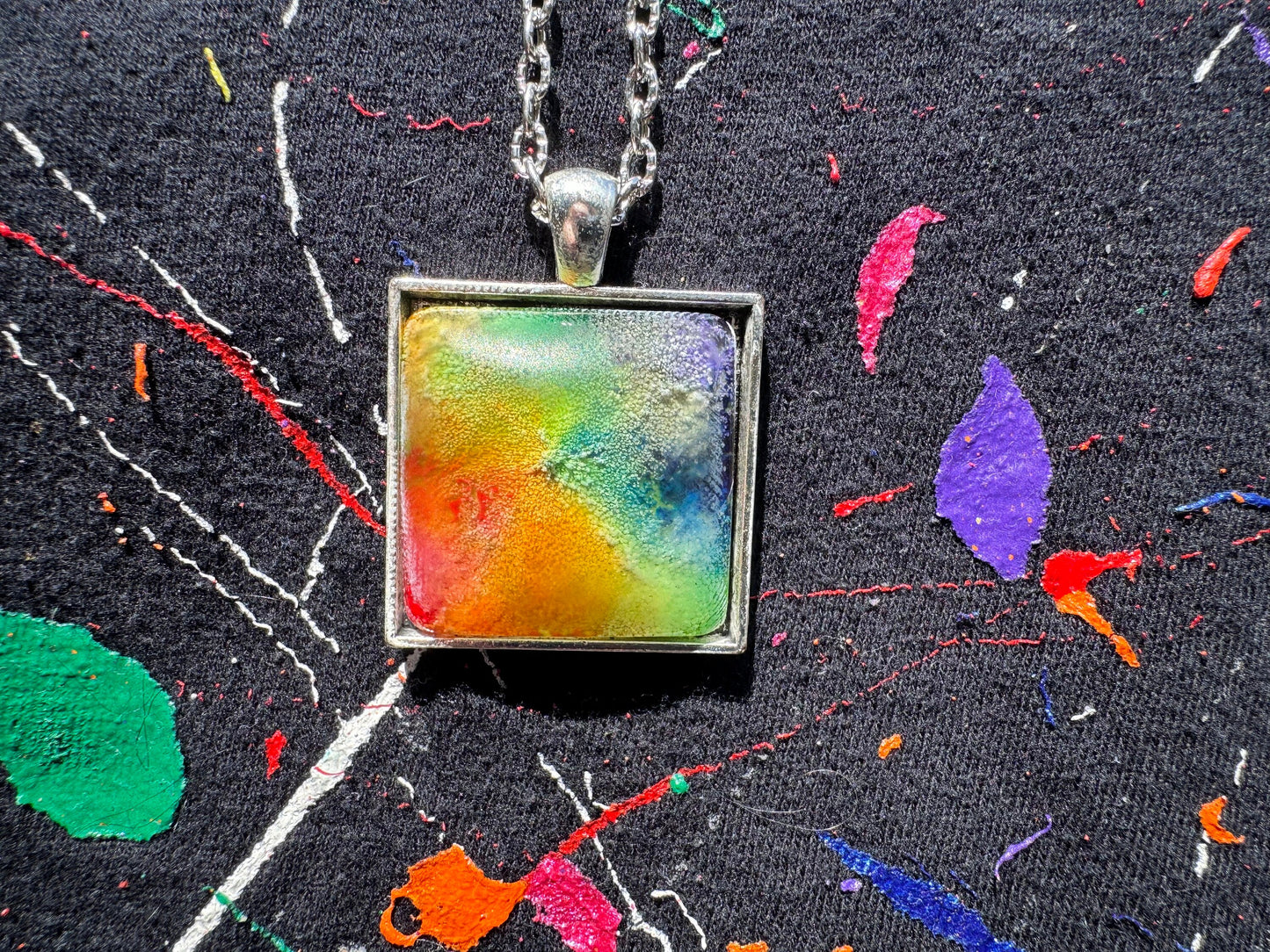 Square Rainbow Pride Petri Style Resin Pendant on Silver Bezel with Long Chain