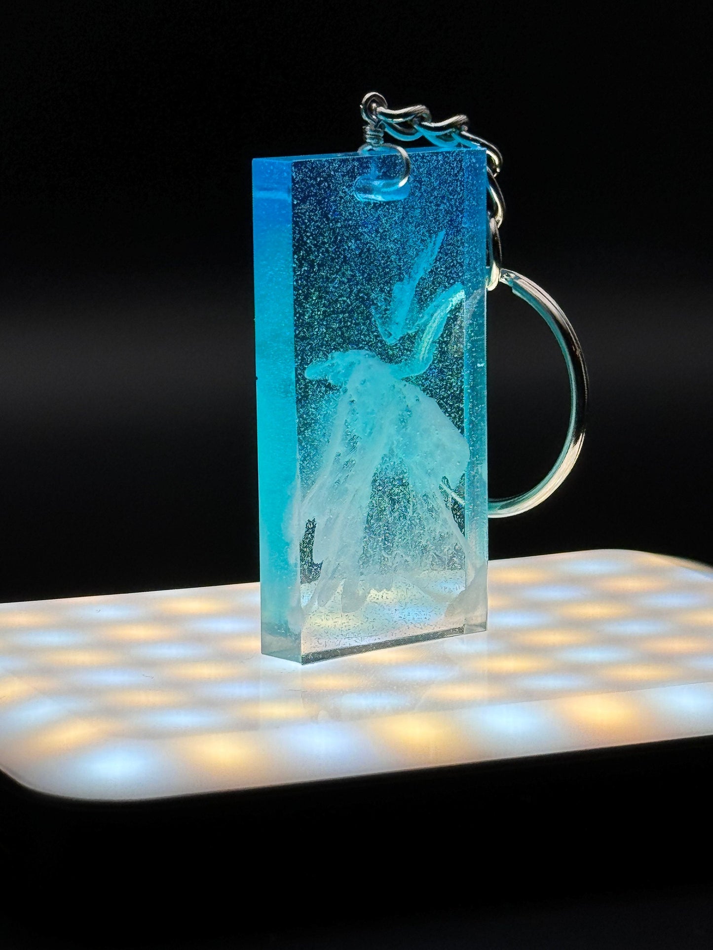 Ocean Blue Teal White Waves Rectangle Charm Keychain Epoxy Resin