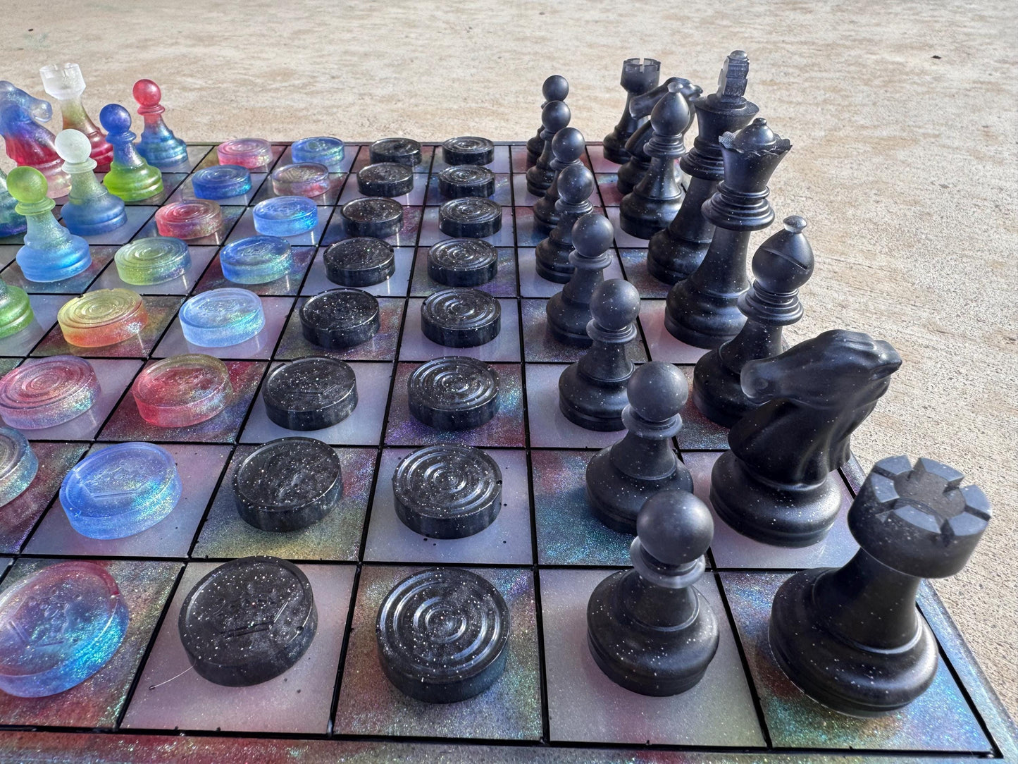 11 inch x 11 inch Gummy Jelly Candy Multichrome Colorful Epoxy Resin Chess/Checkers Board and Chess/Checkers Pieces
