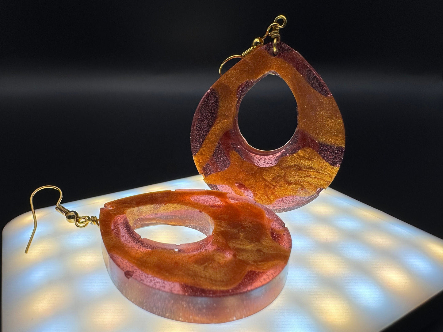 Teardrop with Negative Space Translucent Purple and Metallic Gold Handmade Epoxy Resin Earrings with Gold Hooks