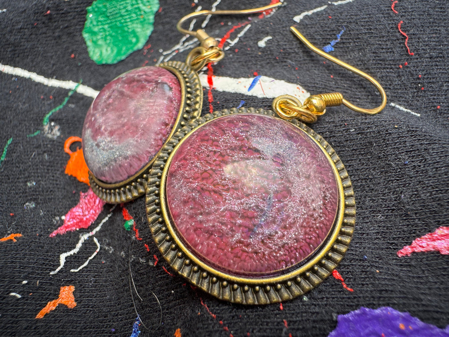Purple and Pink Cat Eye Petri StyleMedium Half Sphere Epoxy Resin Earrings with Gold Hooks and Bezel