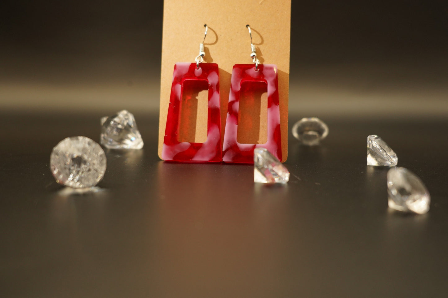 Red & White Cow Print Hollow Rectangle Drop Epoxy Resin Earrings with Silver Hooks