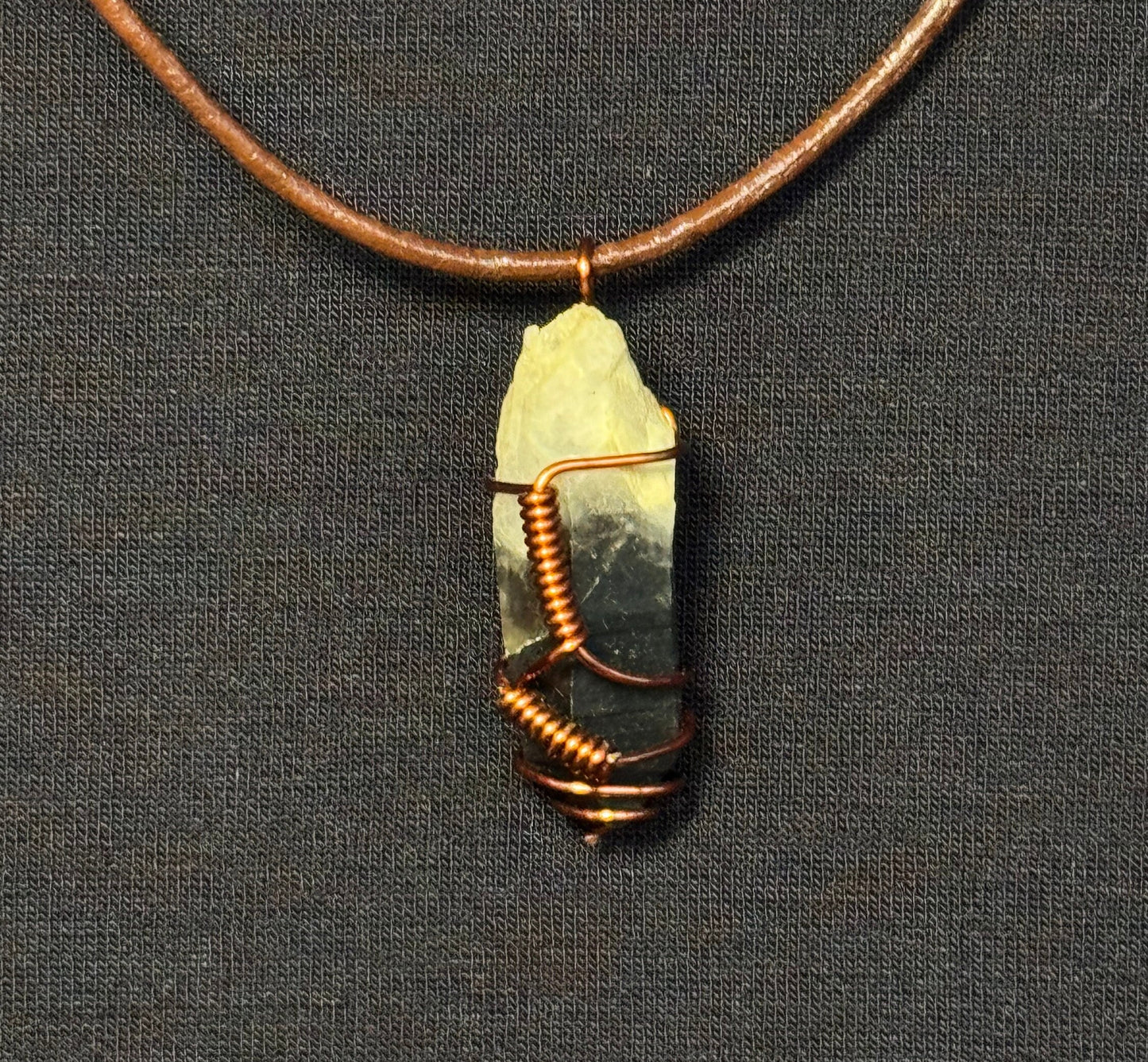 Smoky Quartz with White to Black Gradient Copper Wire Wrapped Double Knot Leather Rope Necklace
