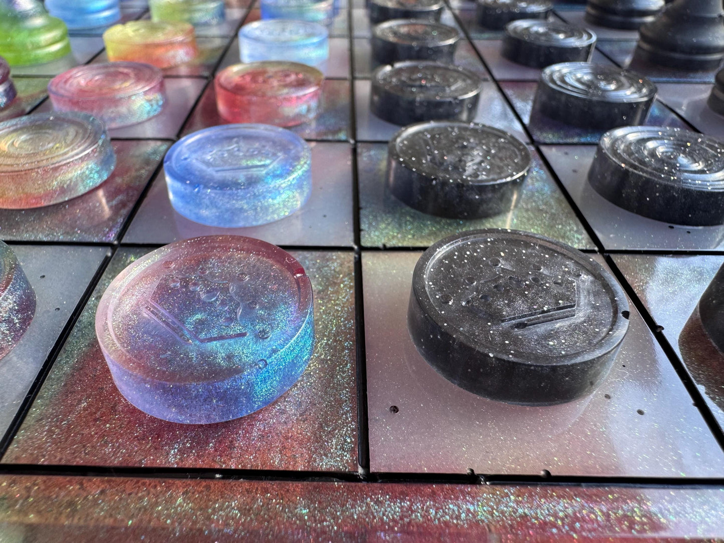11 inch x 11 inch Gummy Jelly Candy Multichrome Colorful Epoxy Resin Chess/Checkers Board and Chess/Checkers Pieces