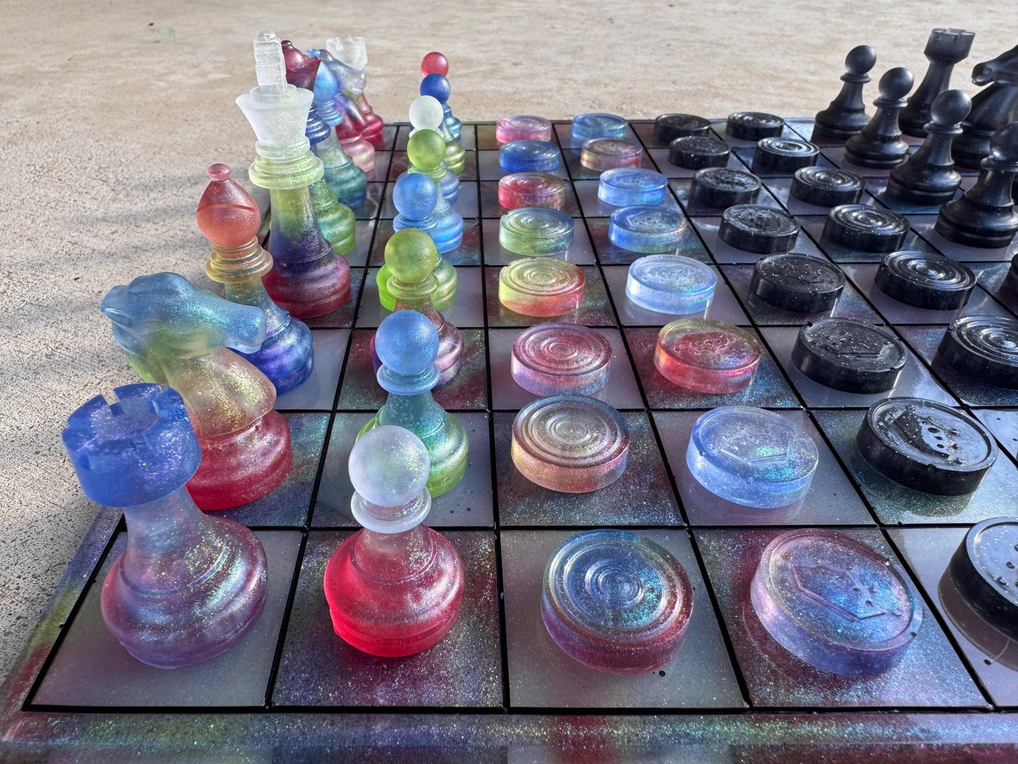 11 inch x 11 inch Gummy Jelly Candy Multichrome Colorful Epoxy Resin Chess/Checkers Board and Chess/Checkers Pieces