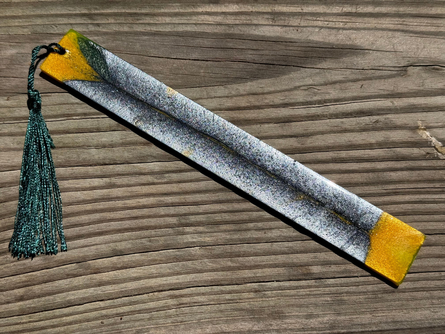 1.2 x 7.7 Flexible Bookmark Yellow Green Metallic Charcoal with Green Tassel