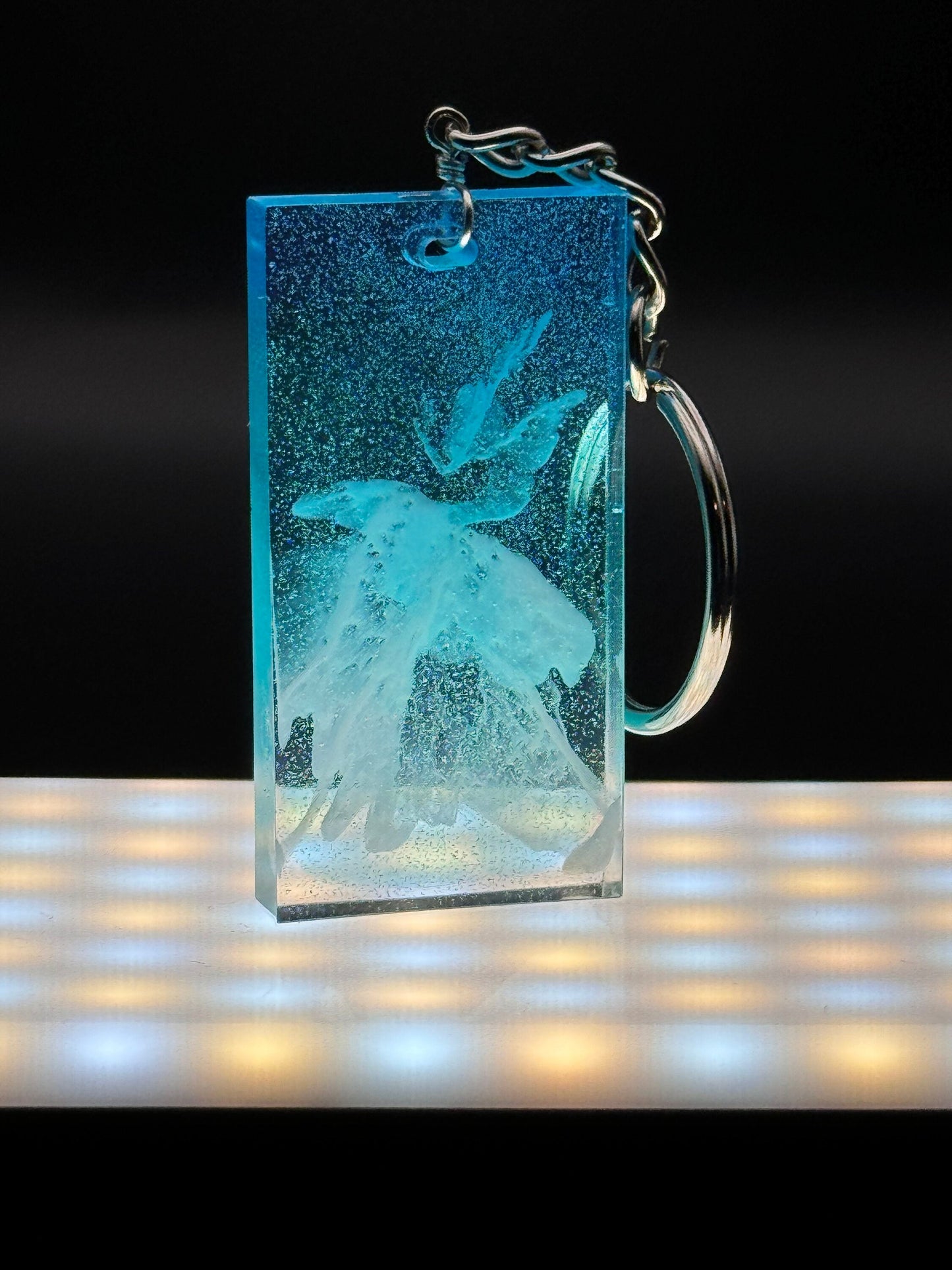 Ocean Blue Teal White Waves Rectangle Charm Keychain Epoxy Resin
