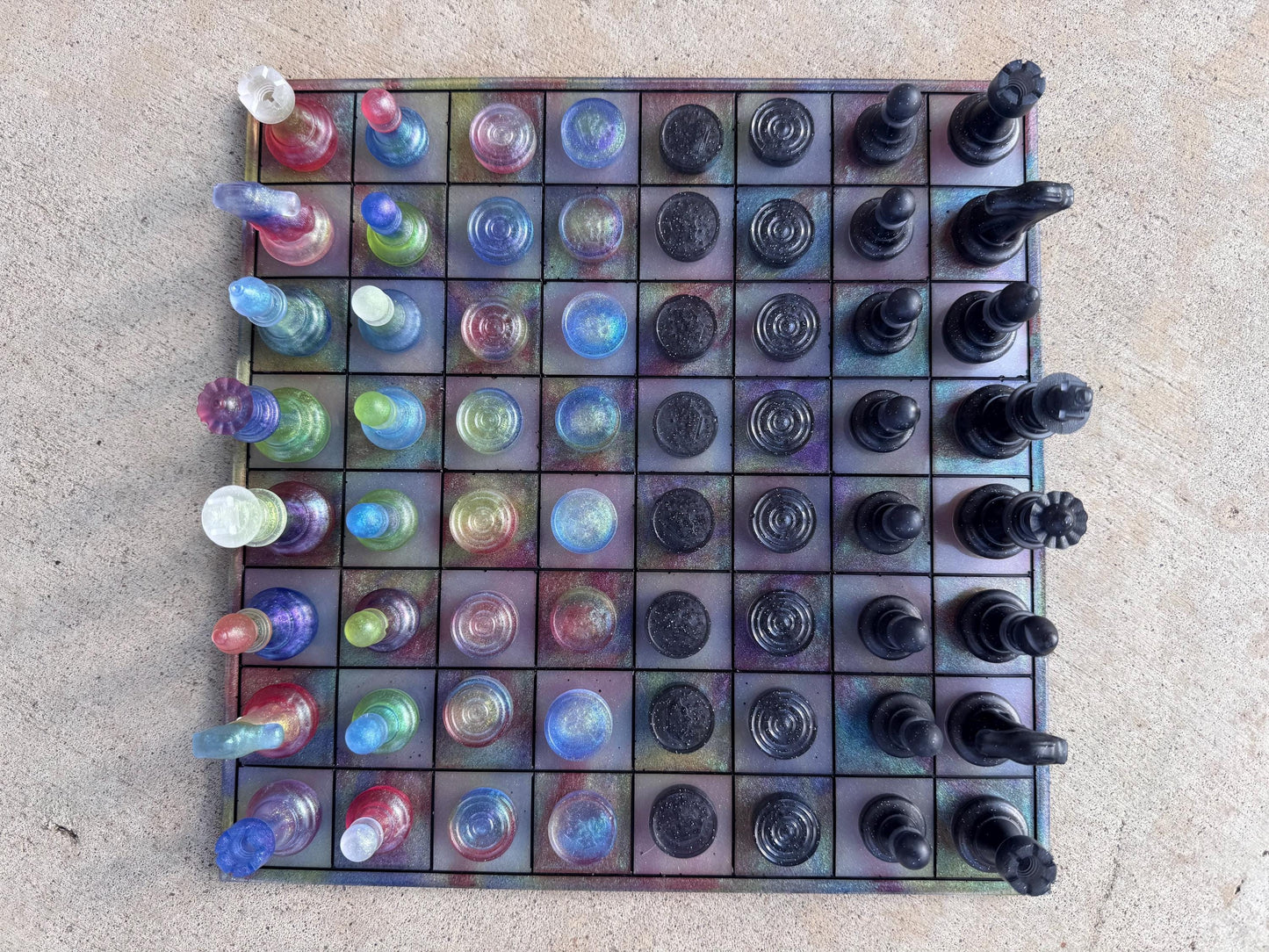 11 inch x 11 inch Gummy Jelly Candy Multichrome Colorful Epoxy Resin Chess/Checkers Board and Chess/Checkers Pieces