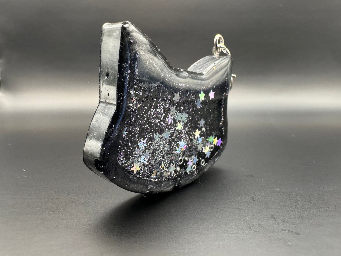 Black Cat Holographic Stars Glitter Resin Shaker with Silver Keychain