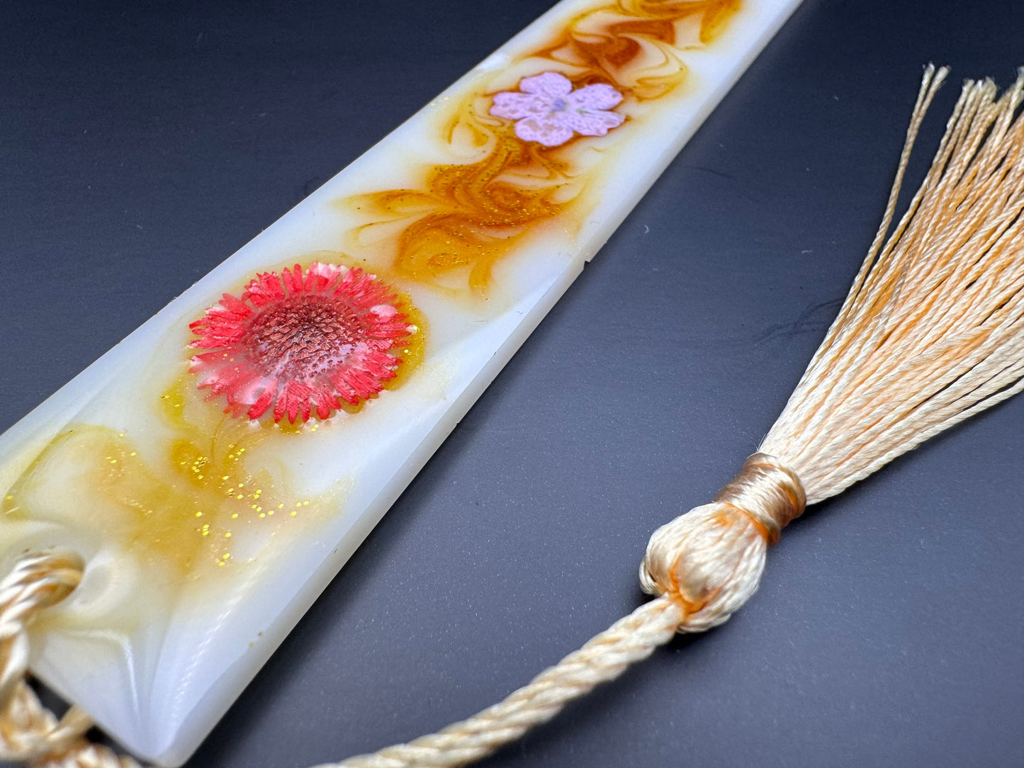 1.2 x 7.7 Bookmark Dried Red Flowers with Gold Leaf in White Swirled Golden Orange