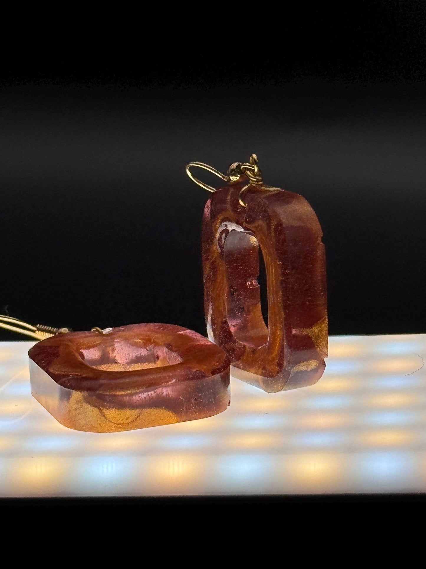 Square Translucent Purple and Metallic Gold Handmade Epoxy Resin Earrings with Gold Hooks