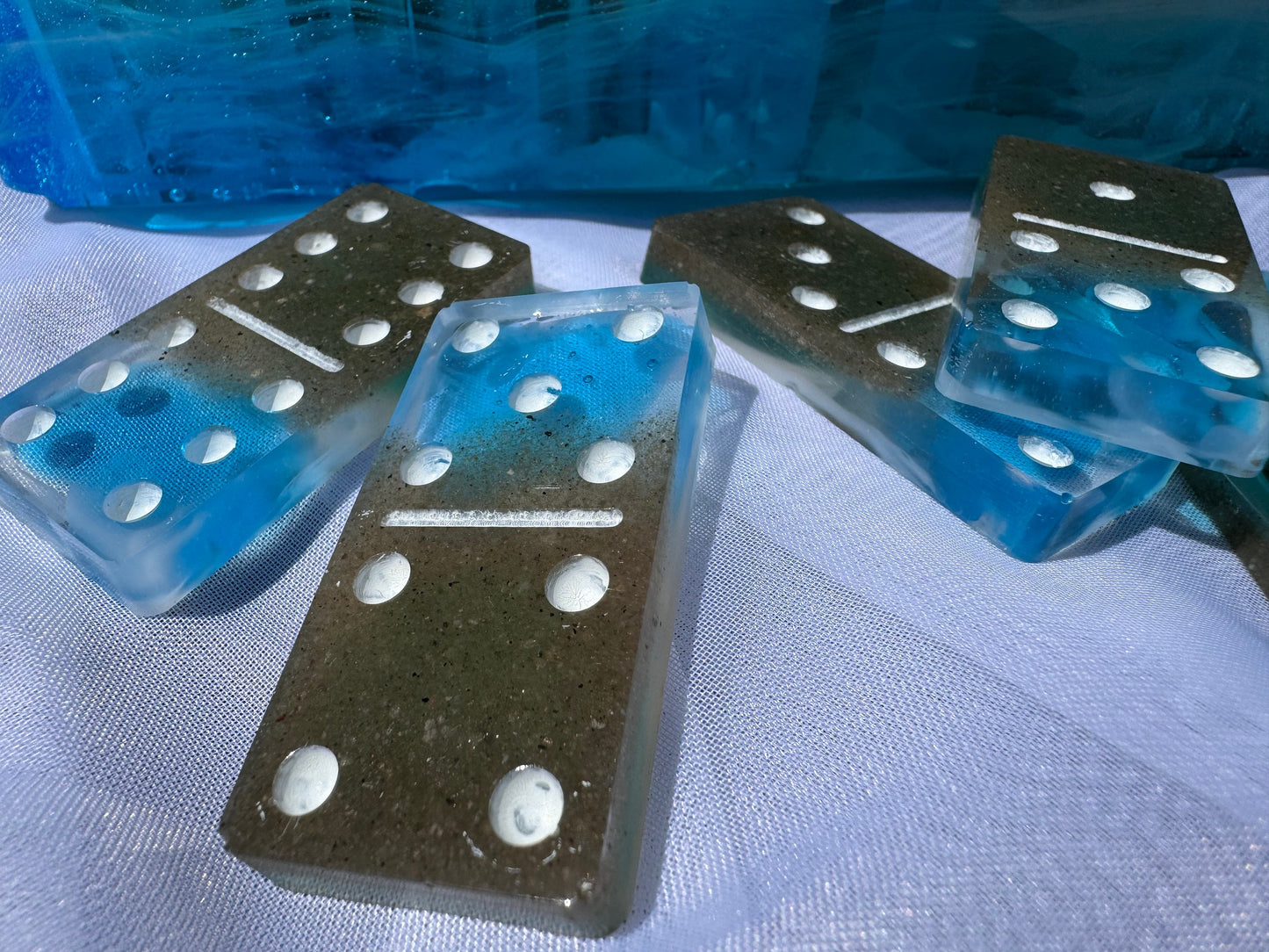 Ocean Beach with REAL SAND 29 Piece Domino Set with Storage Box Water Waves Epoxy Resin