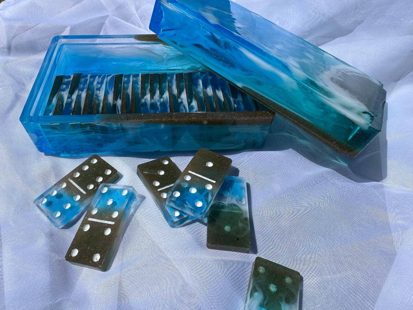 Ocean Beach with REAL SAND 29 Piece Domino Set with Storage Box Water Waves Epoxy Resin
