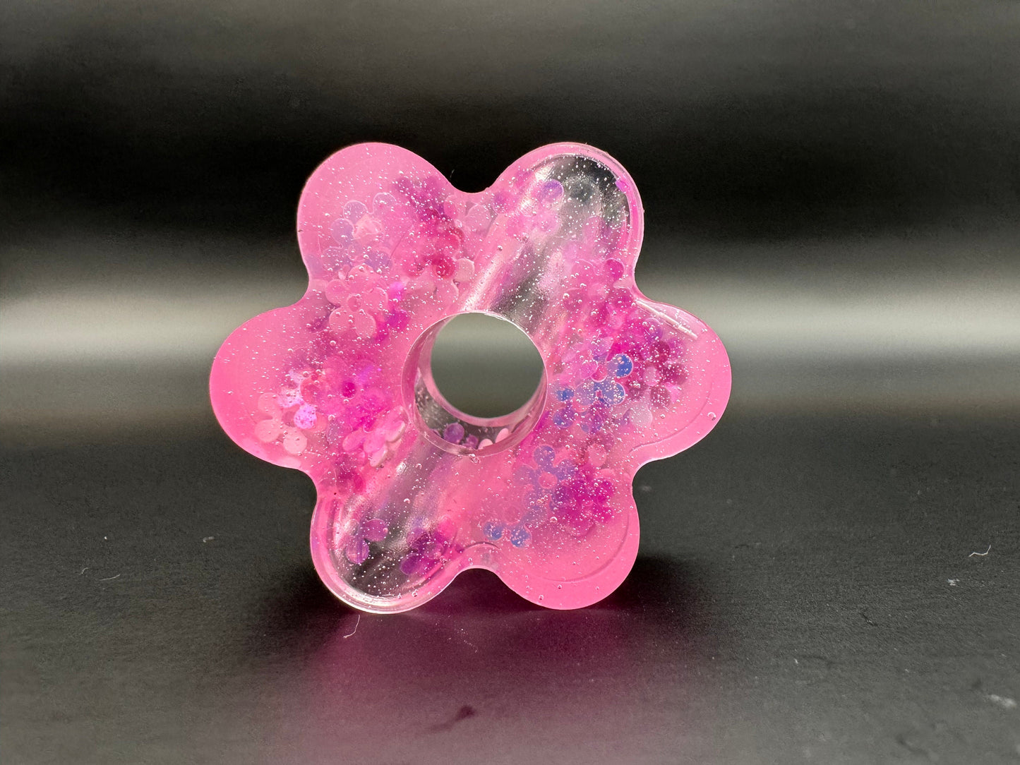 Pink Flower Straw Topper with Pink and Baby Blue Duochrome Glitter Epoxy Resin