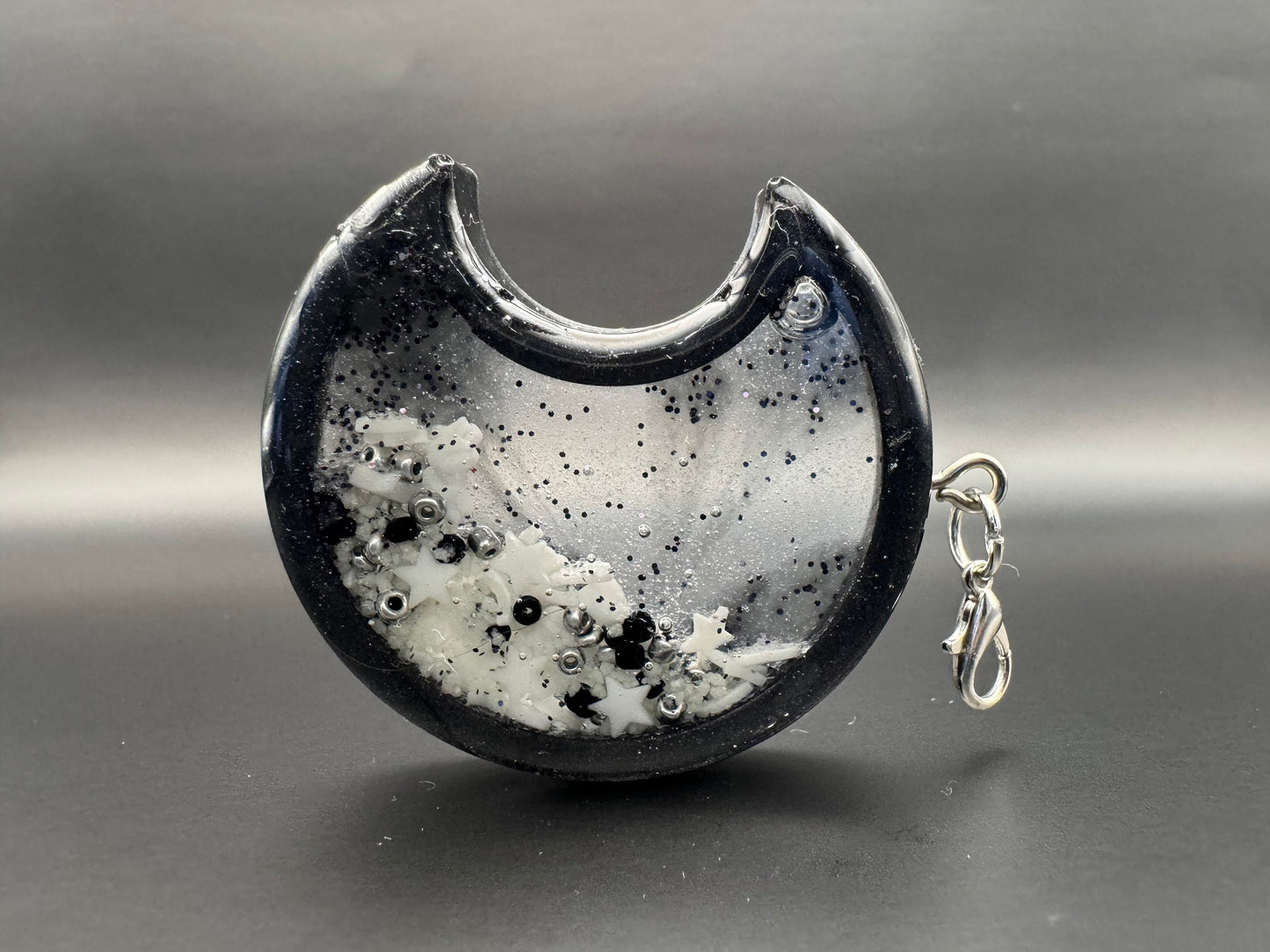 Black White Silver Crescent Moon Glow-in-the-Dark Resin Shaker with Silver Keychain