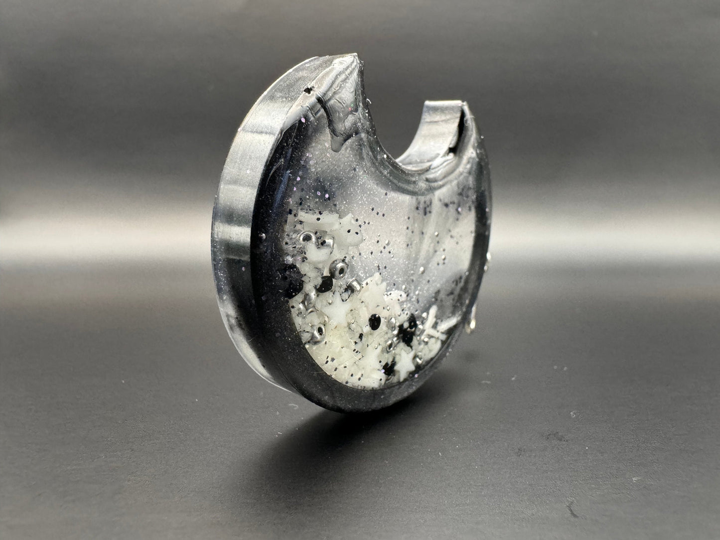 Black White Silver Crescent Moon Glow-in-the-Dark Resin Shaker with Silver Keychain