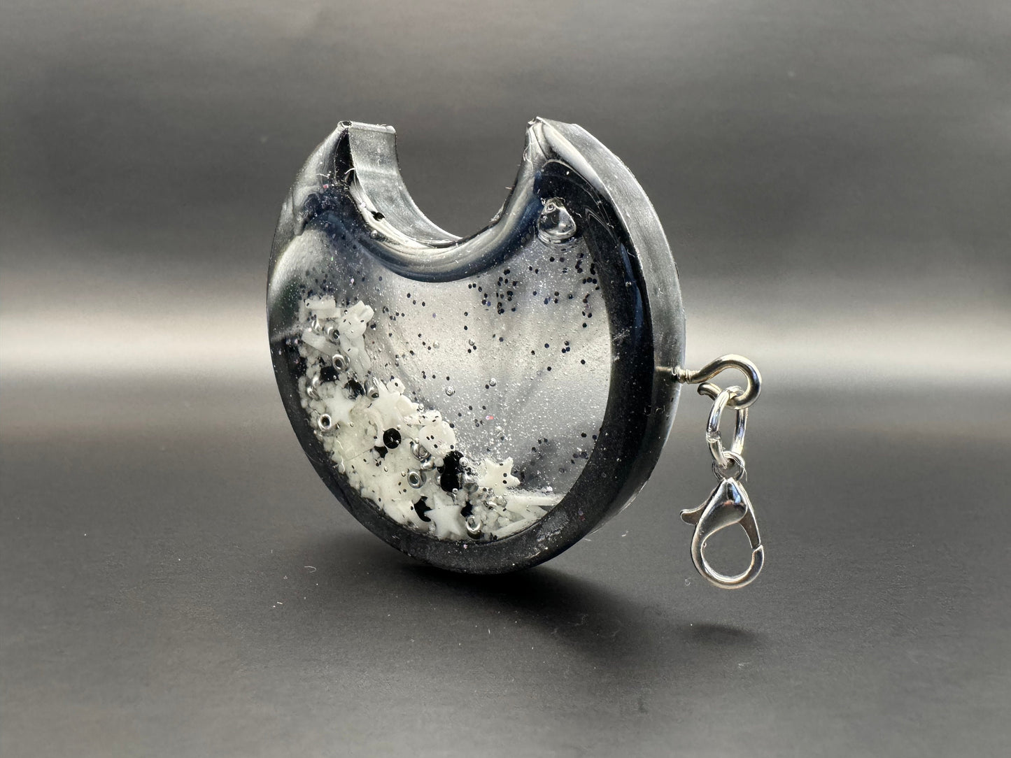 Black White Silver Crescent Moon Glow-in-the-Dark Resin Shaker with Silver Keychain
