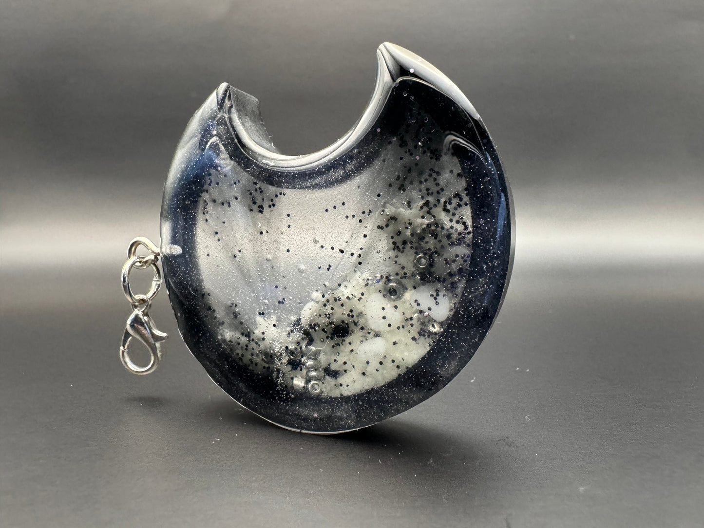 Black White Silver Crescent Moon Glow-in-the-Dark Resin Shaker with Silver Keychain