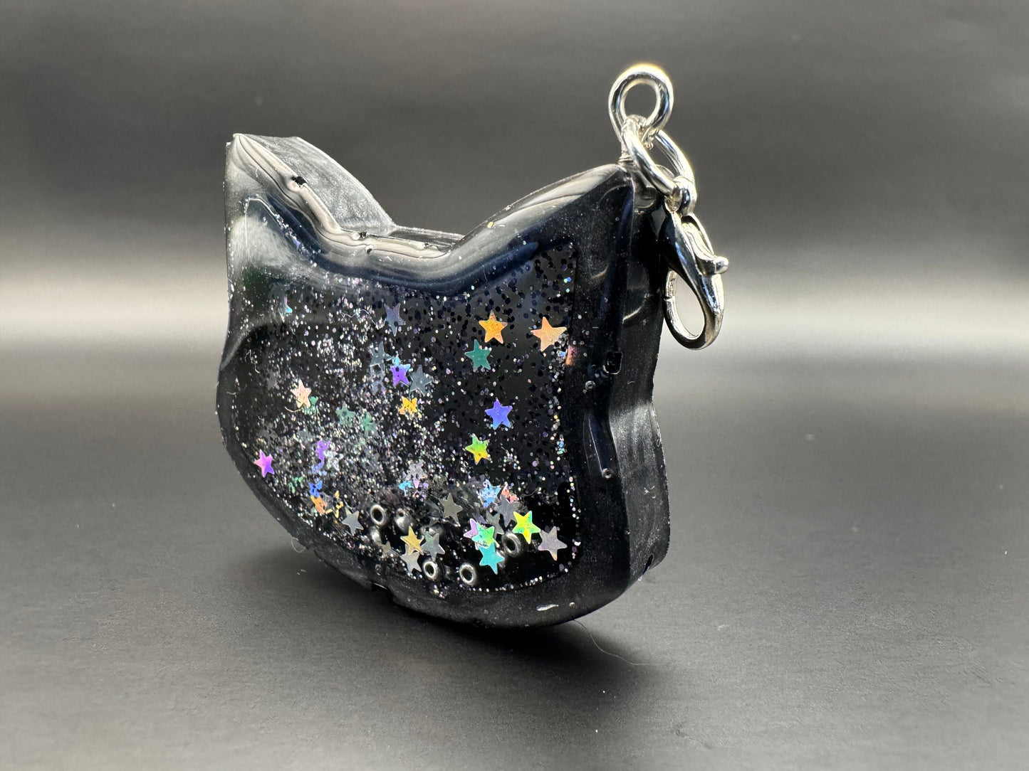 Black Cat Holographic Stars Glitter Resin Shaker with Silver Keychain