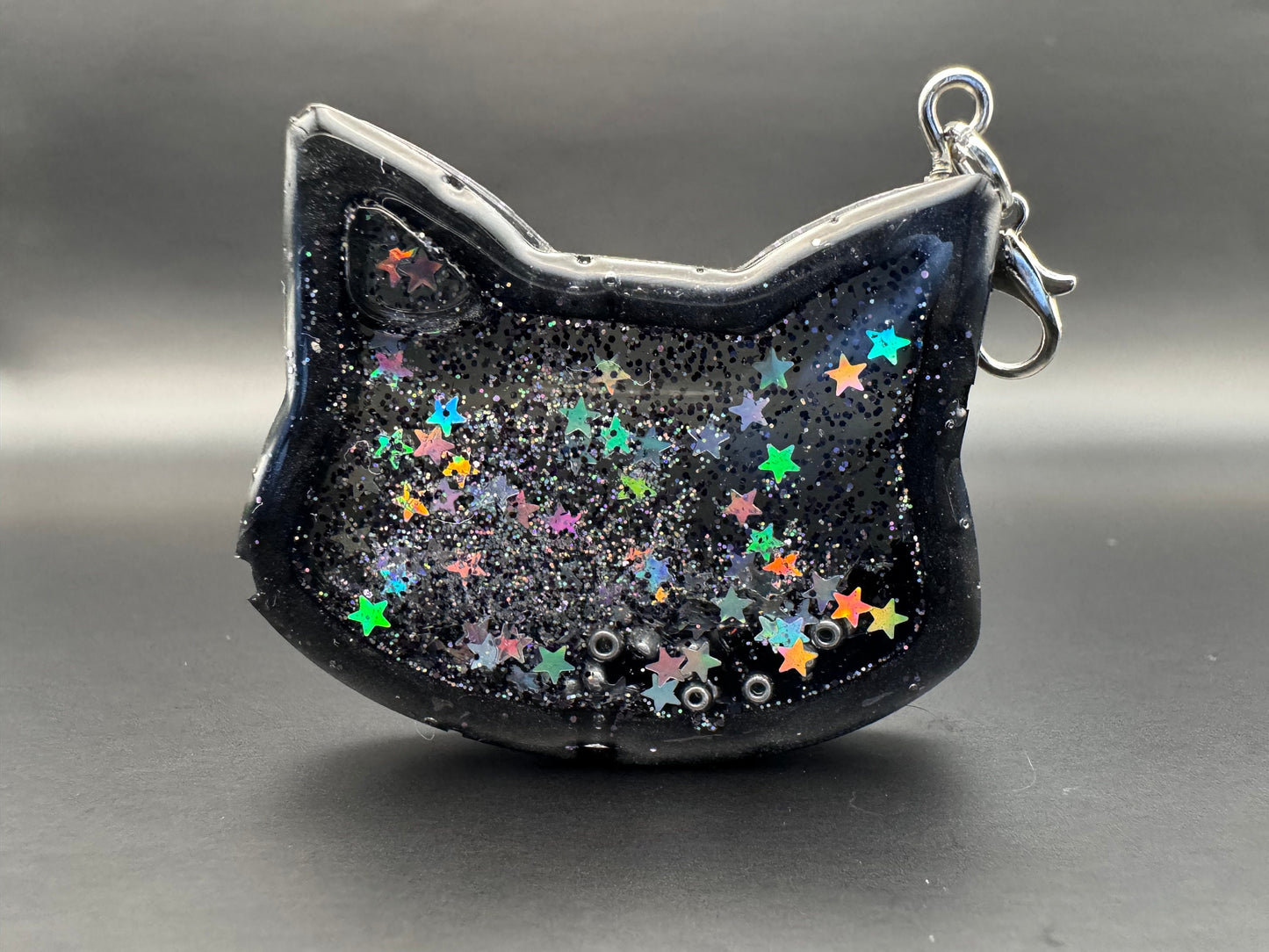 Black Cat Holographic Stars Glitter Resin Shaker with Silver Keychain