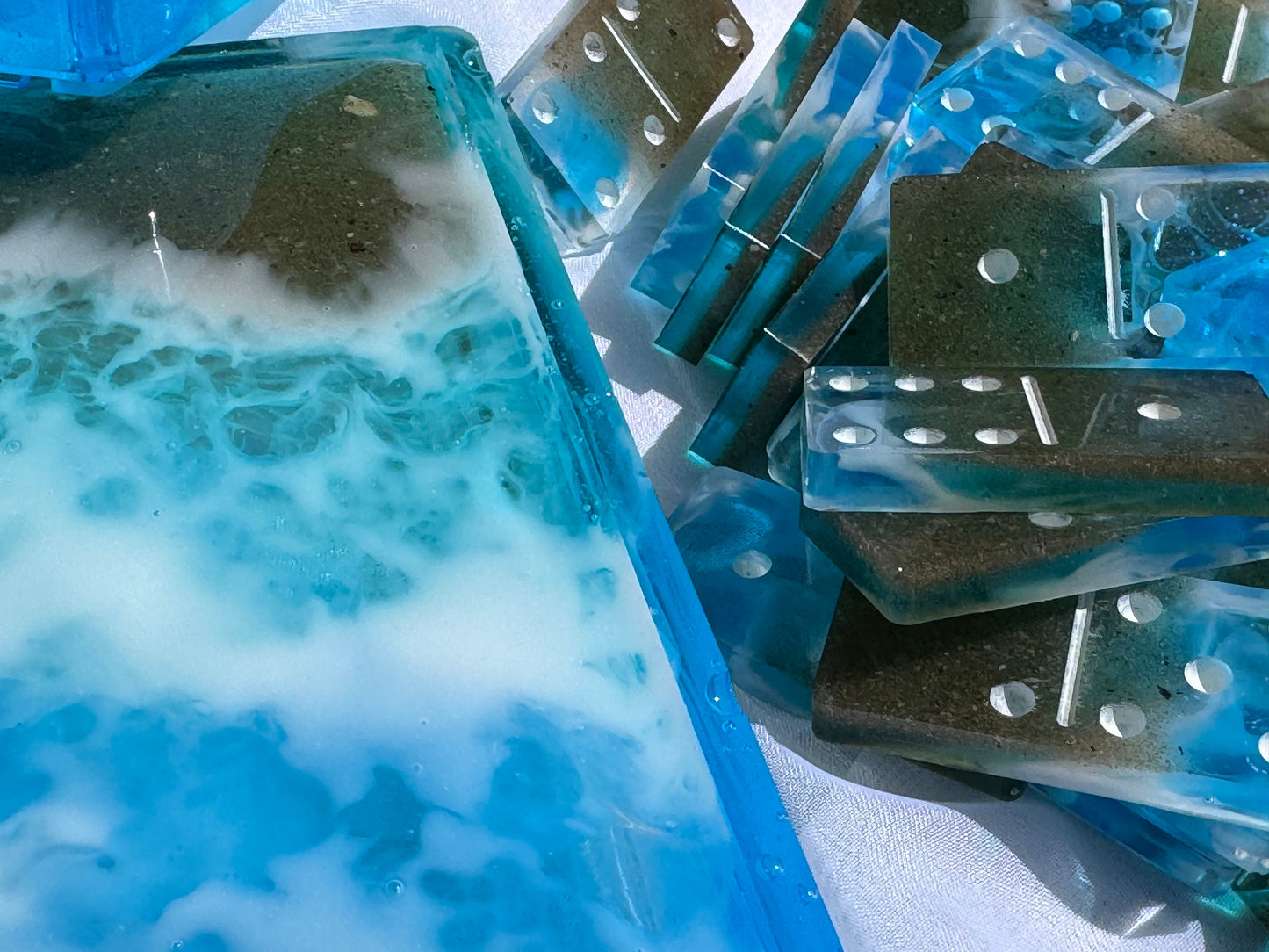 Ocean Beach with REAL SAND 29 Piece Domino Set with Storage Box Water Waves Epoxy Resin
