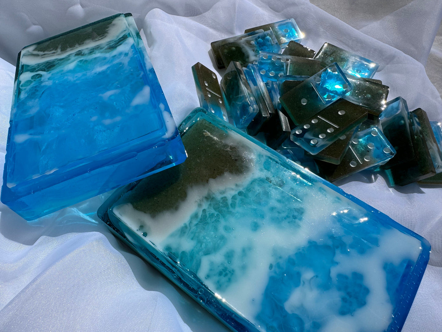 Ocean Beach with REAL SAND 29 Piece Domino Set with Storage Box Water Waves Epoxy Resin