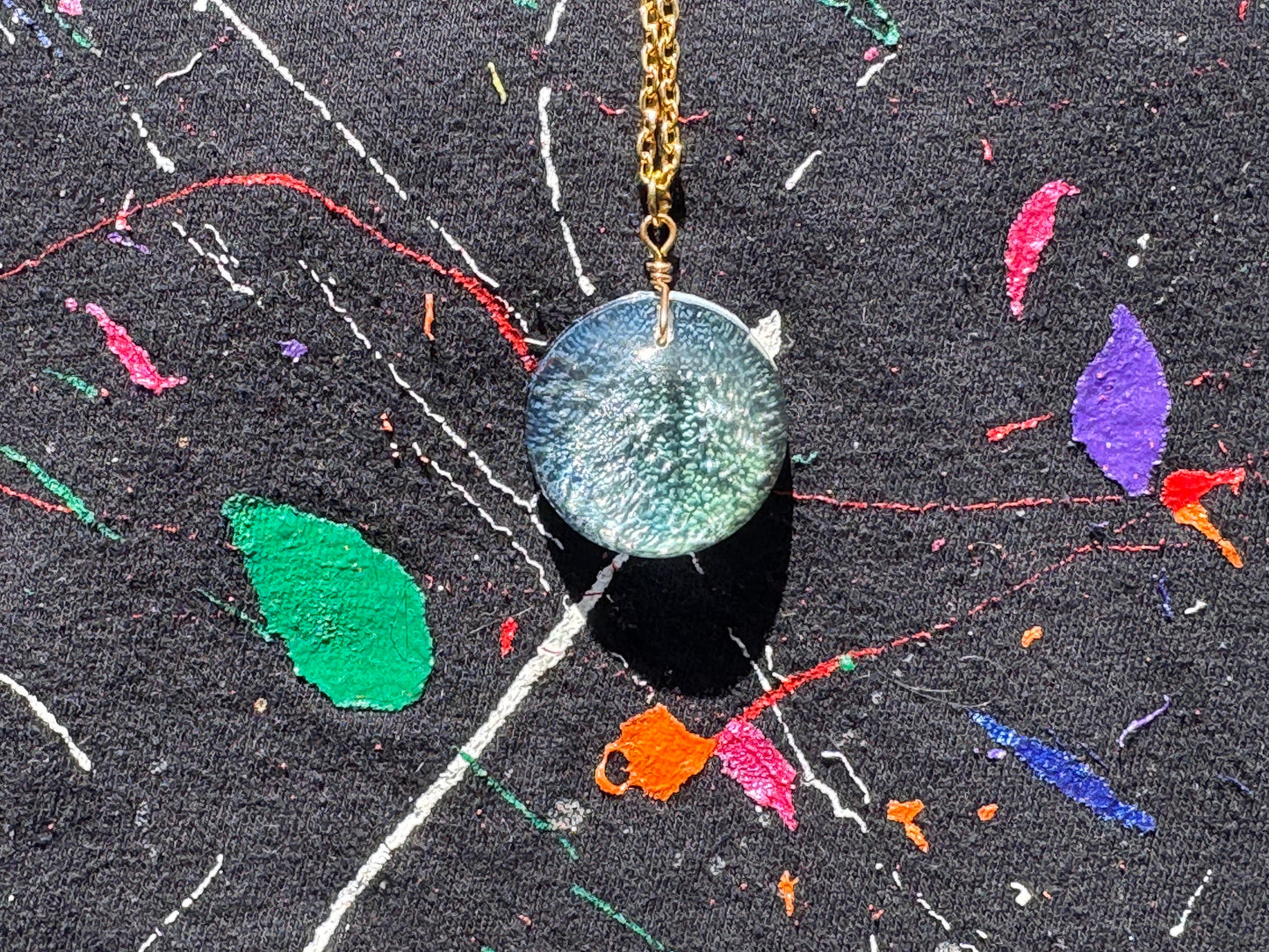 Aquamarine Petri Cat Eye Resin Clear Half Sphere Pendant with Long Gold Chain