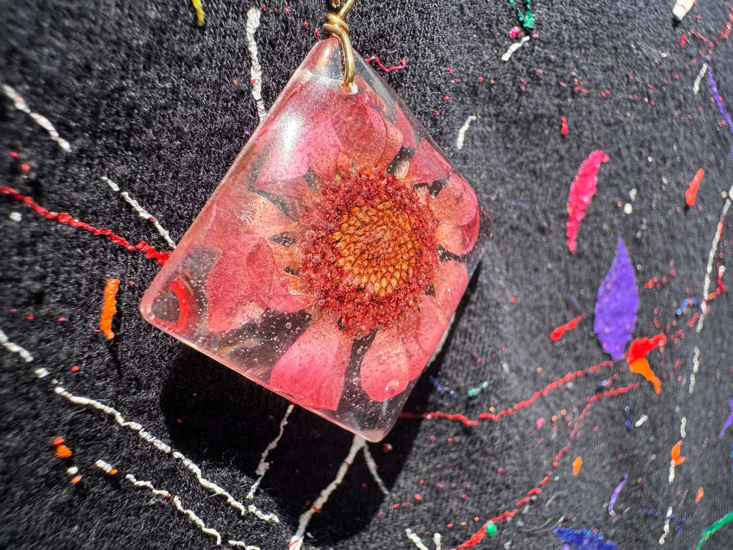 Square Red-Violet Dried Flower in Clear Pendant with Long Gold Chain