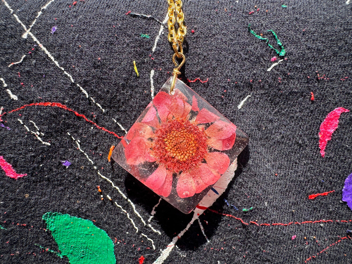 Square Red-Violet Dried Flower in Clear Pendant with Long Gold Chain