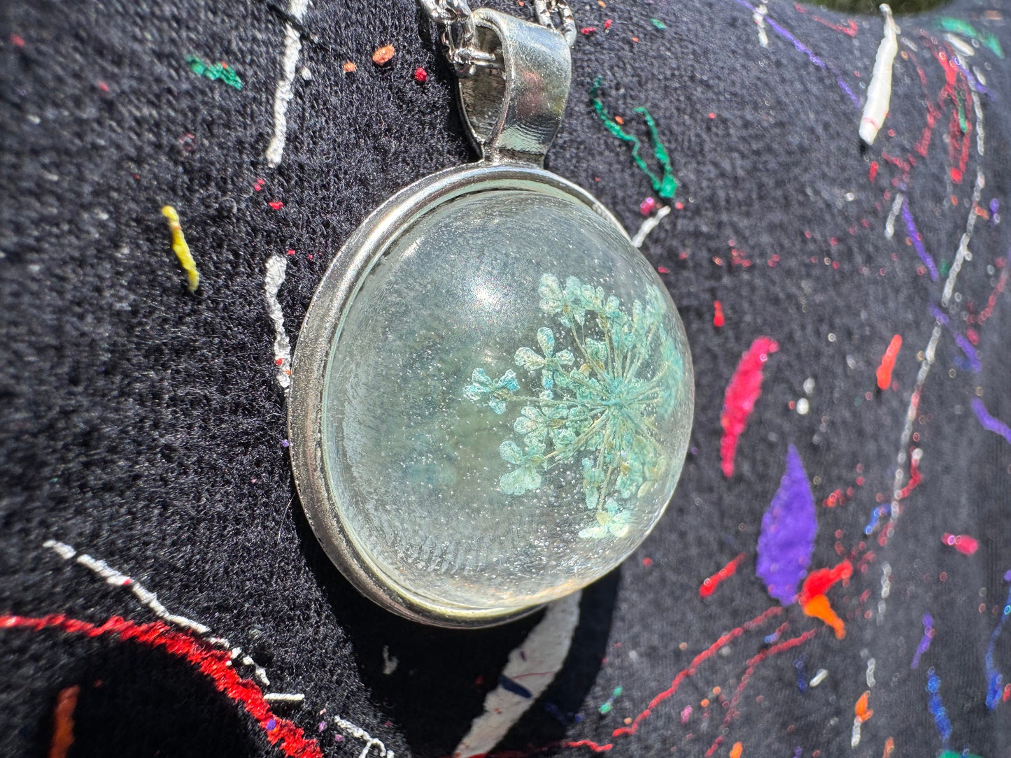 Baby Blue Dried Flower in Clear Half Sphere Pendant with Long Silver Chain and Bezel