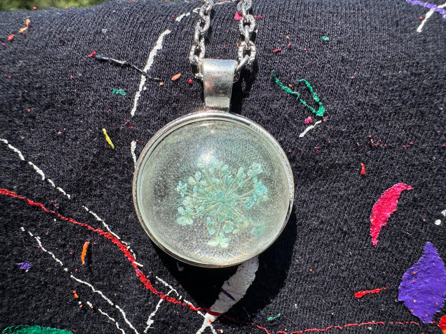 Baby Blue Dried Flower in Clear Half Sphere Pendant with Long Silver Chain and Bezel