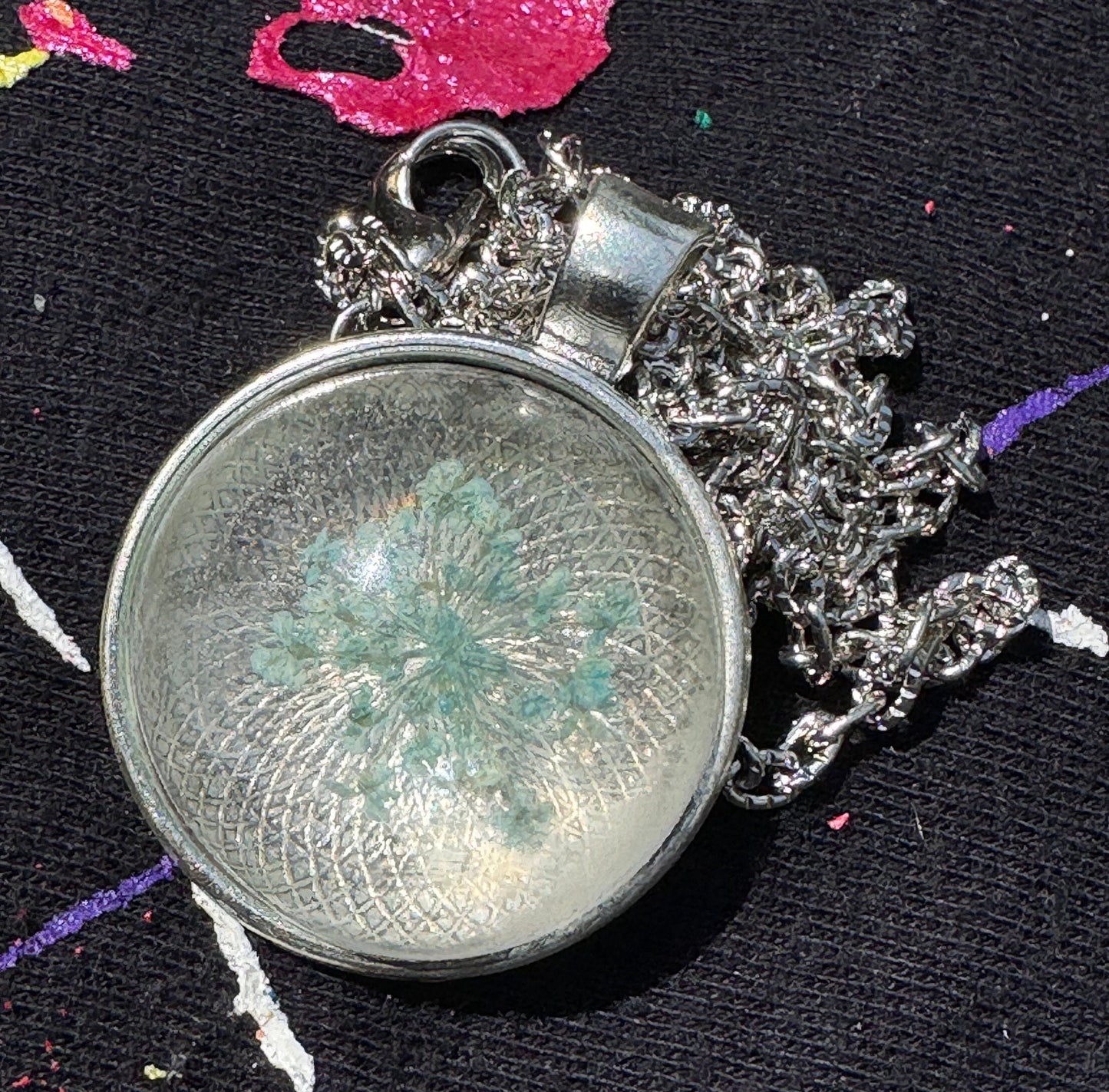 Baby Blue Dried Flower in Clear Half Sphere Pendant with Long Silver Chain and Bezel