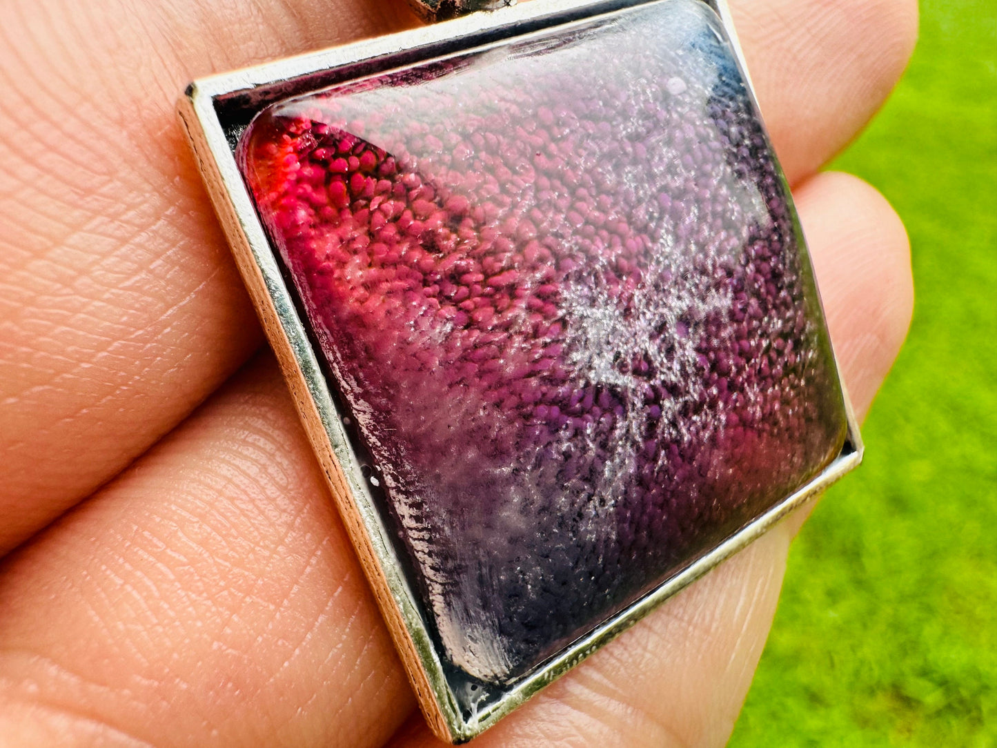 Square Blue and Purple Petri Cat Eye Resin Pendant on Silver Bezel with Long Chain