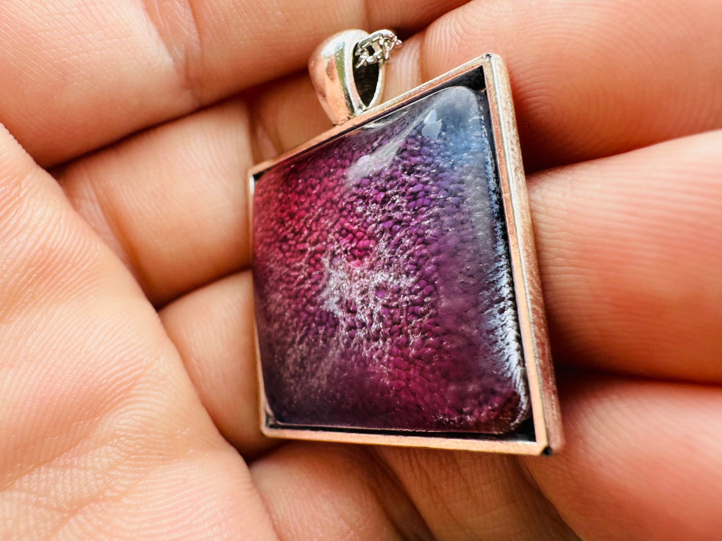 Square Blue and Purple Petri Cat Eye Resin Pendant on Silver Bezel with Long Chain