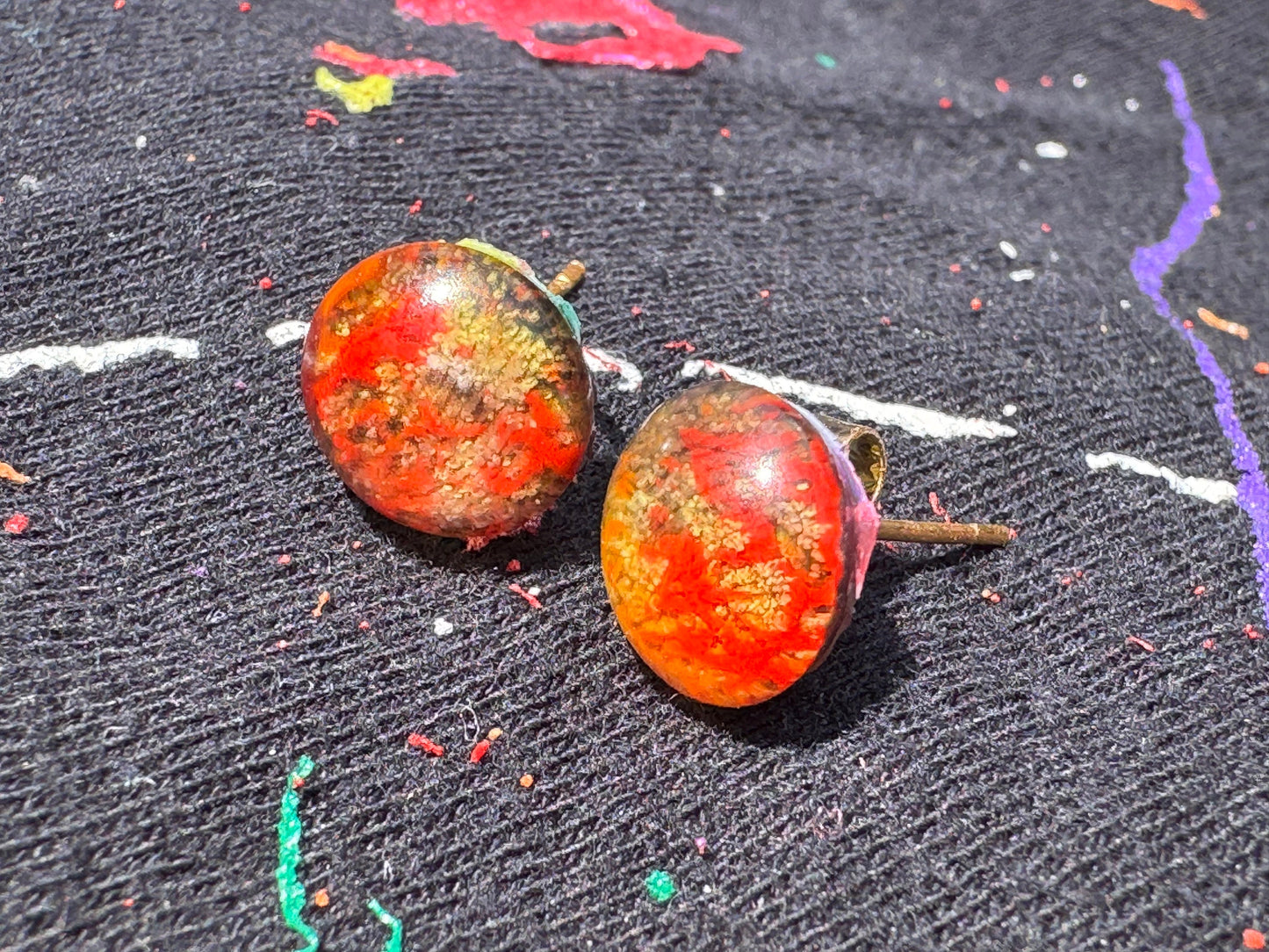 Mini 1 cm Red and Yellow Petri Style Half Sphere Stud Epoxy Resin Earrings with Gold Studs