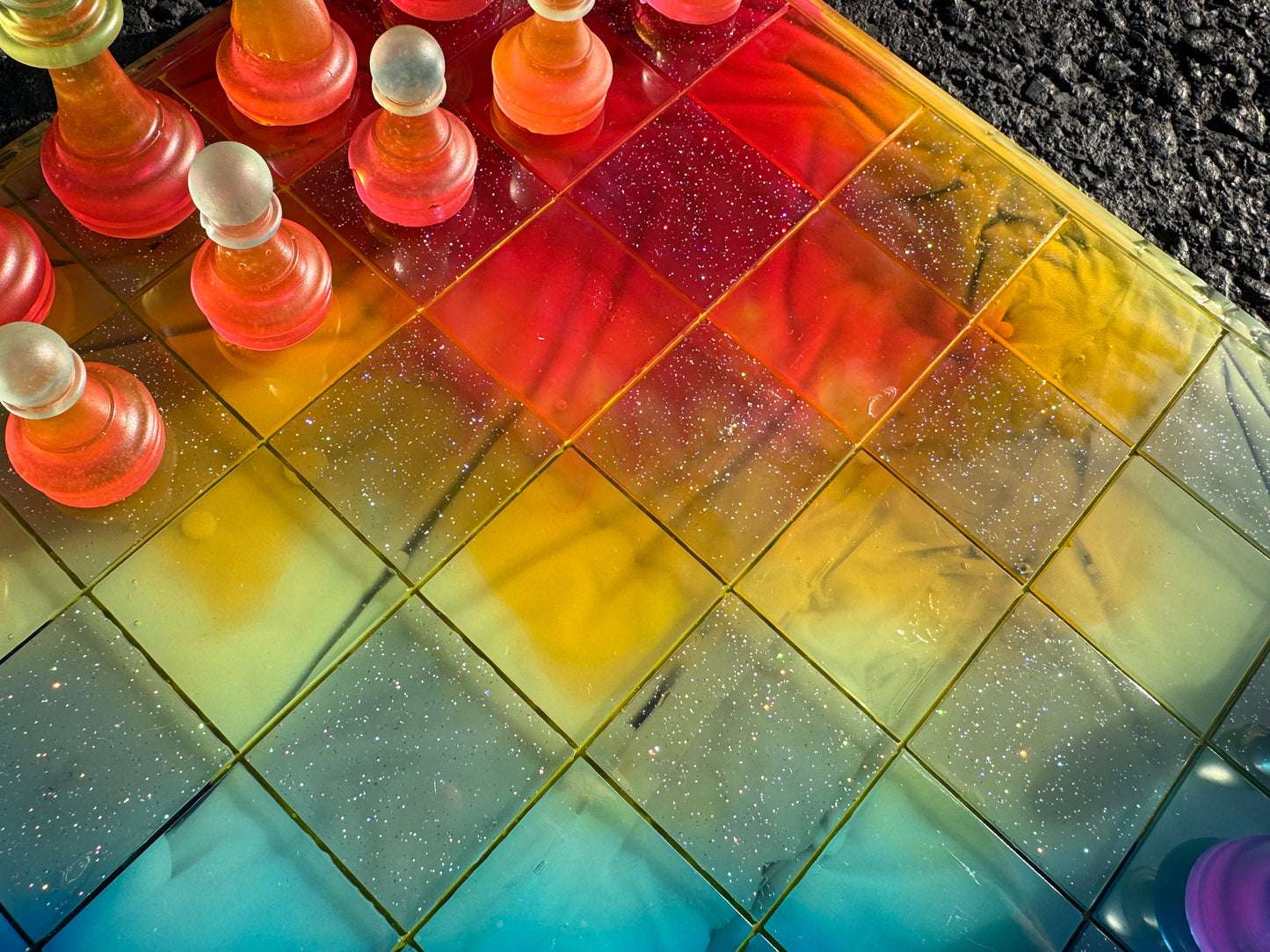 11 inch x 11 inch Pride Translucent Rainbow Epoxy Resin Chess Board and Chess Pieces