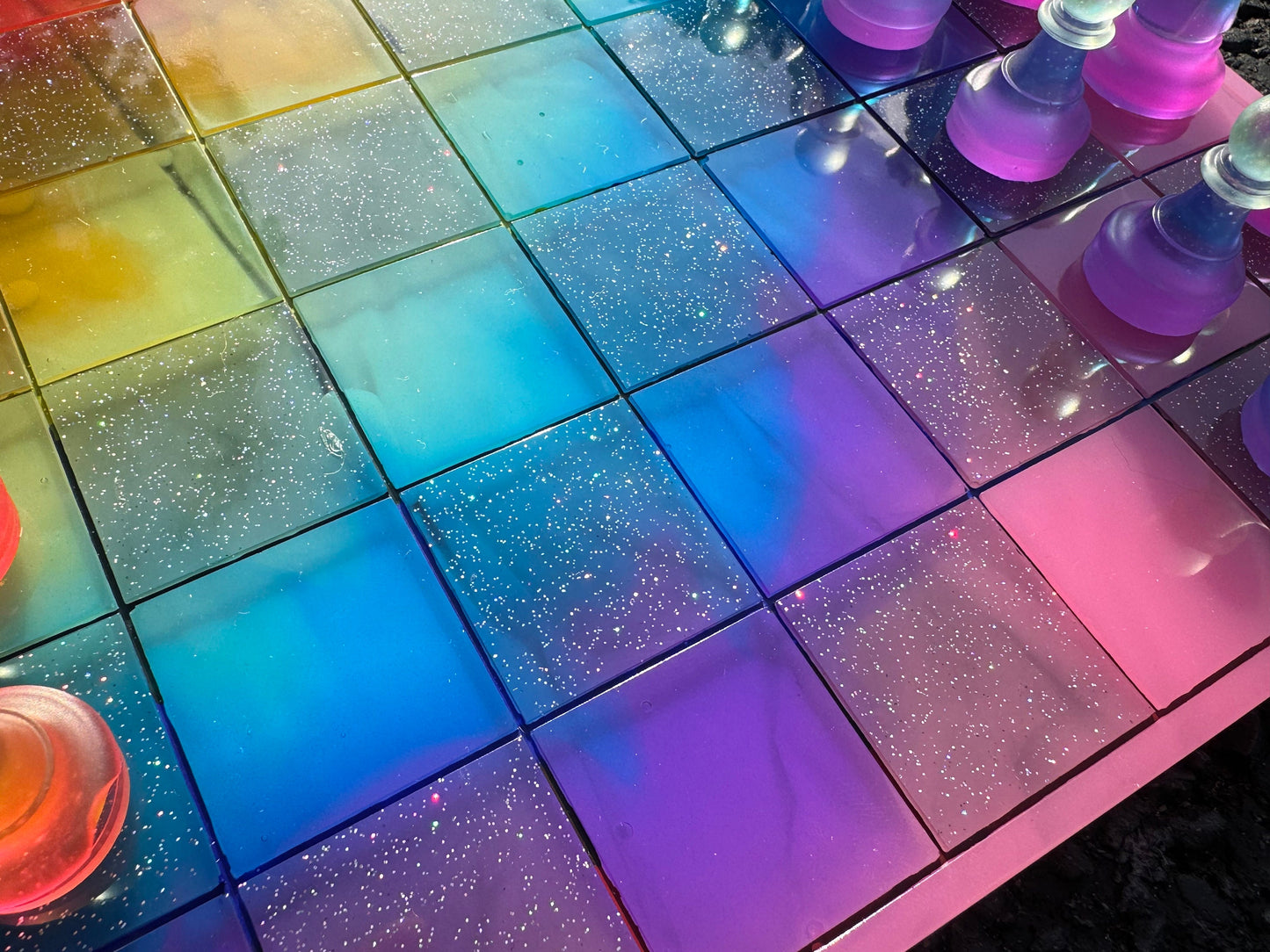 11 inch x 11 inch Pride Translucent Rainbow Epoxy Resin Chess Board and Chess Pieces