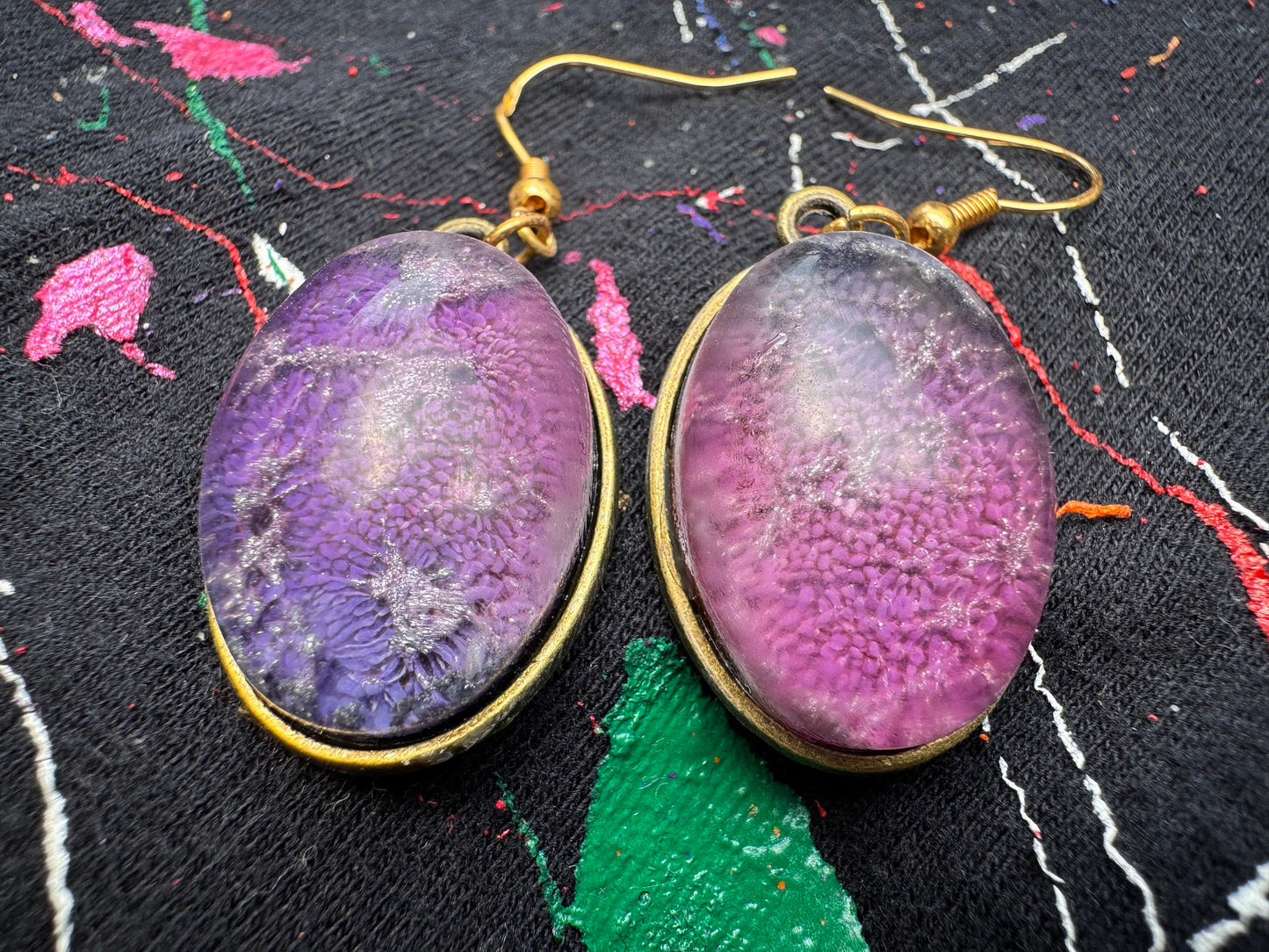 Pink and Purple Petri Cat Eye in Clear Half Oval Epoxy Resin with Gold Hooks and Bezel