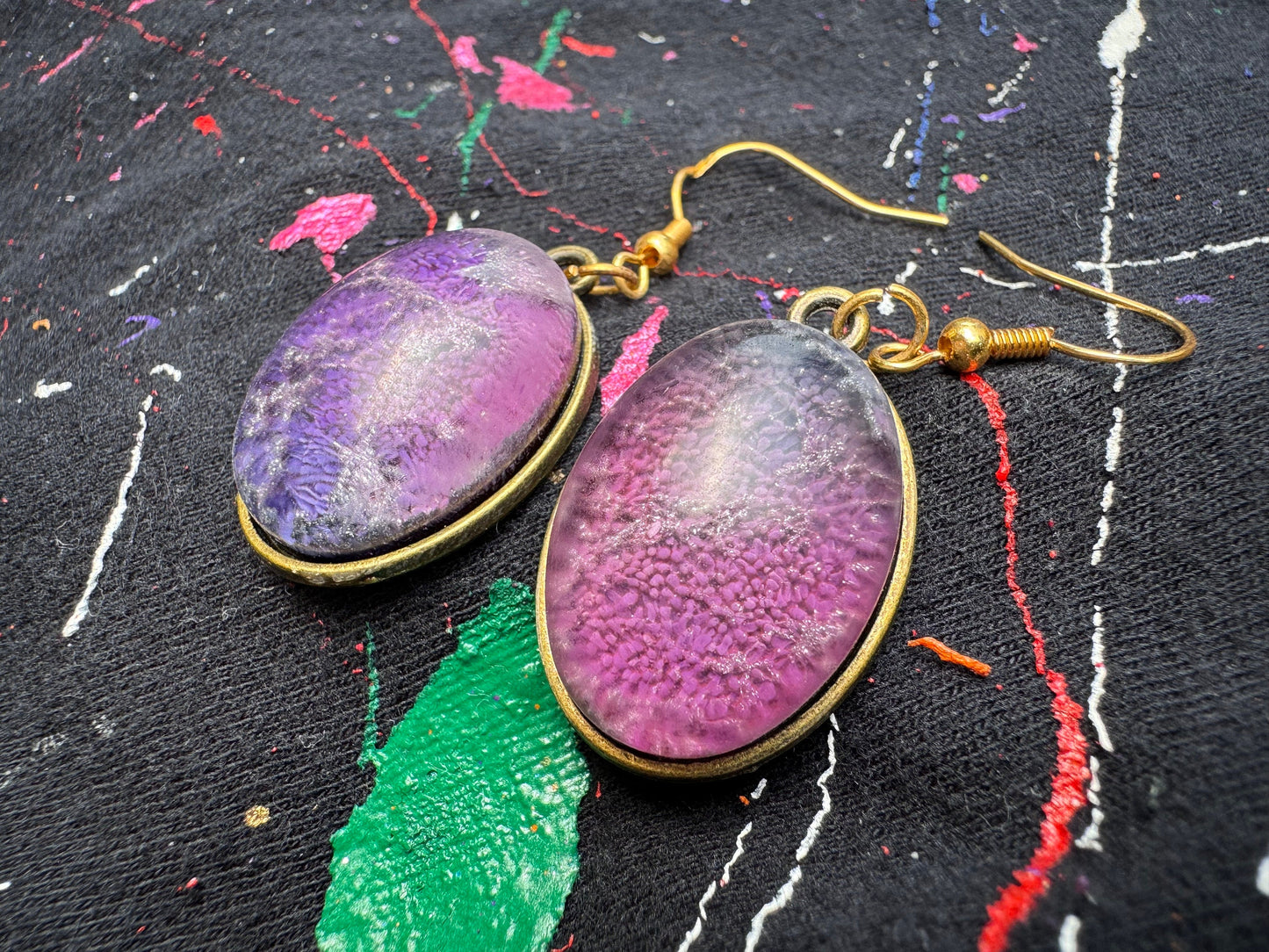 Pink and Purple Petri Cat Eye in Clear Half Oval Epoxy Resin with Gold Hooks and Bezel