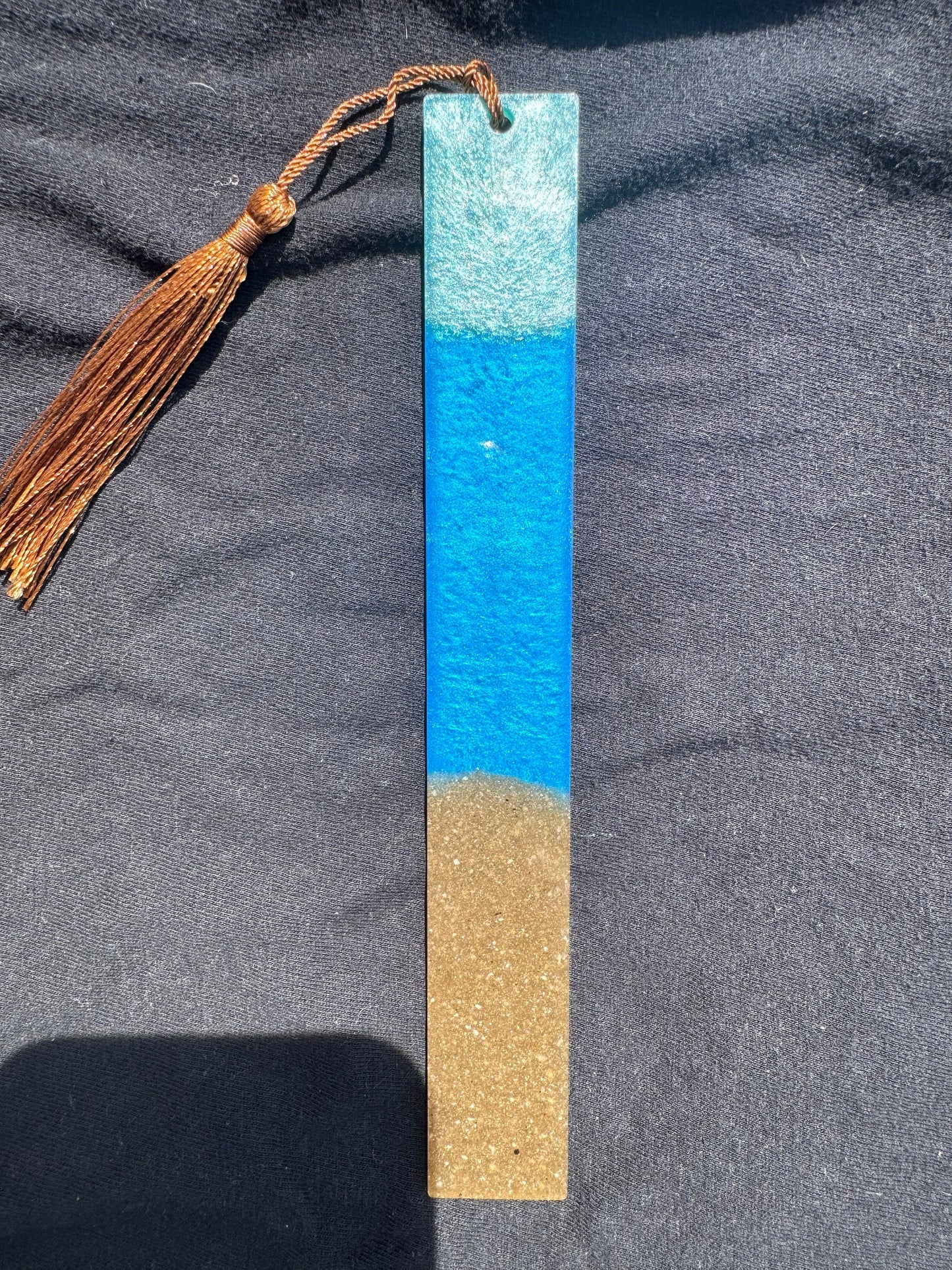1.2 x 7.7 Ocean Real Sand Metallic Blue Teal Bookmark with Brown Tassel