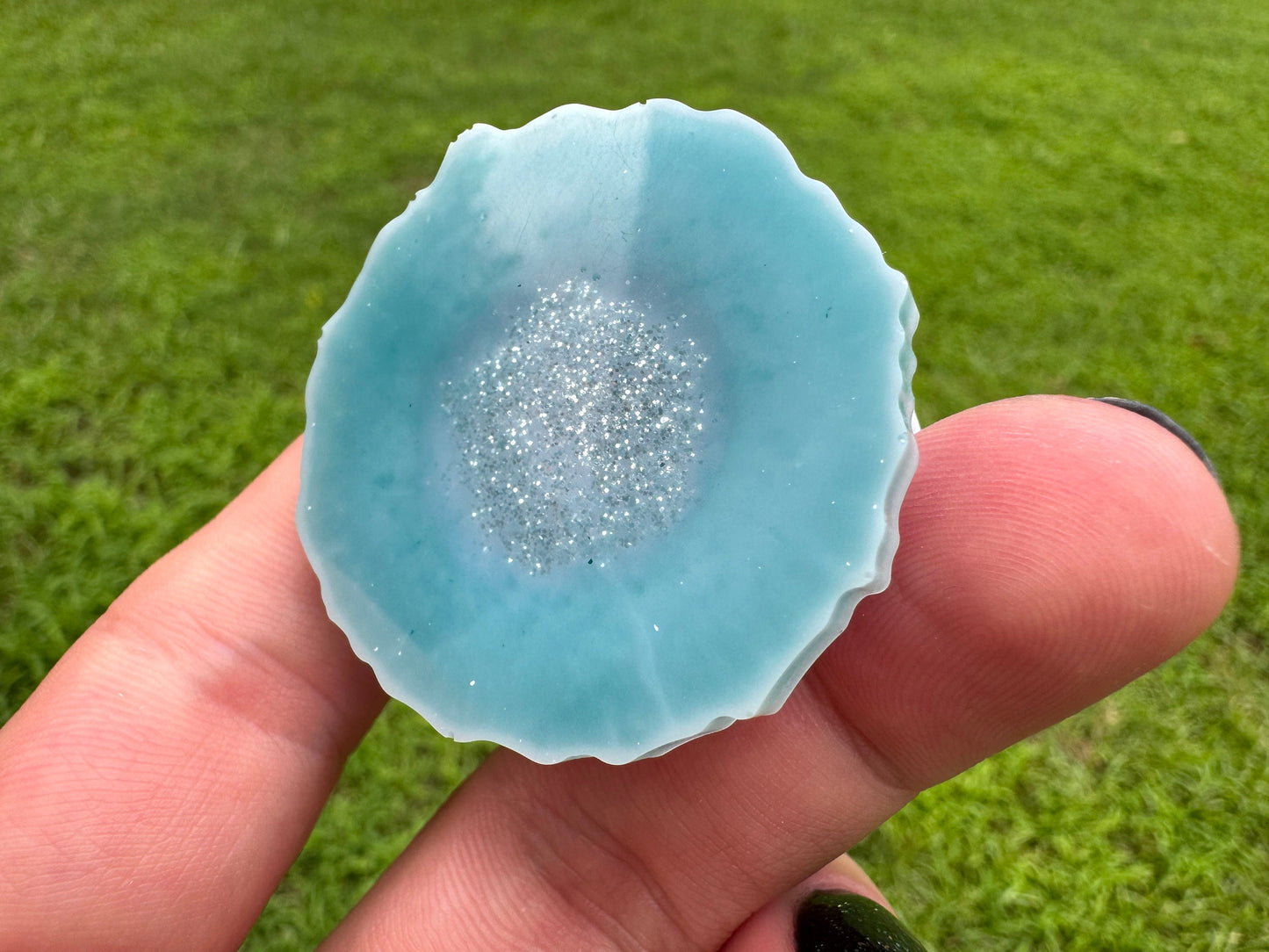 Aquamarine Geode with Silver Glitter Epoxy Resin Pop Socket