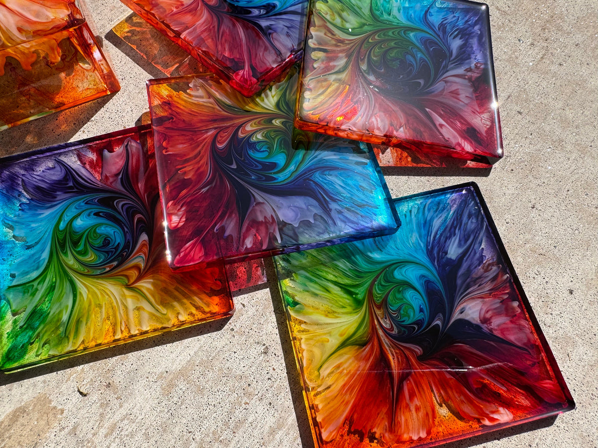 Square Rainbow Pride Blooming Flower Petri Drink Coasters Set with Base Handmade Epoxy Resin