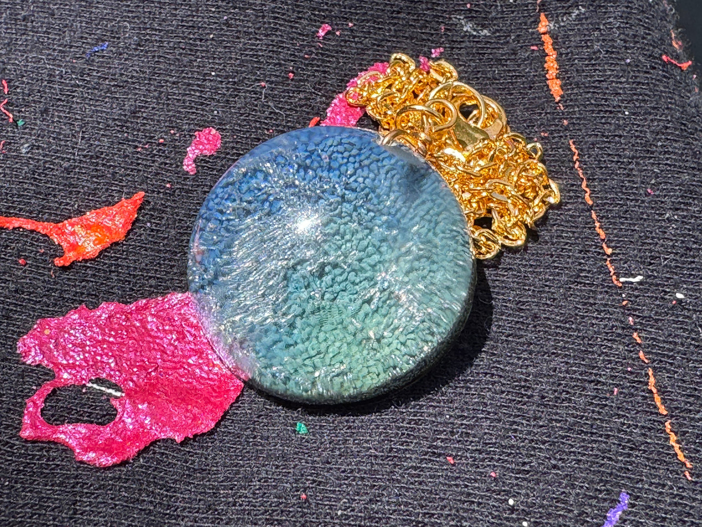 Aquamarine Petri Cat Eye Resin Clear Half Sphere Pendant with Long Gold Chain